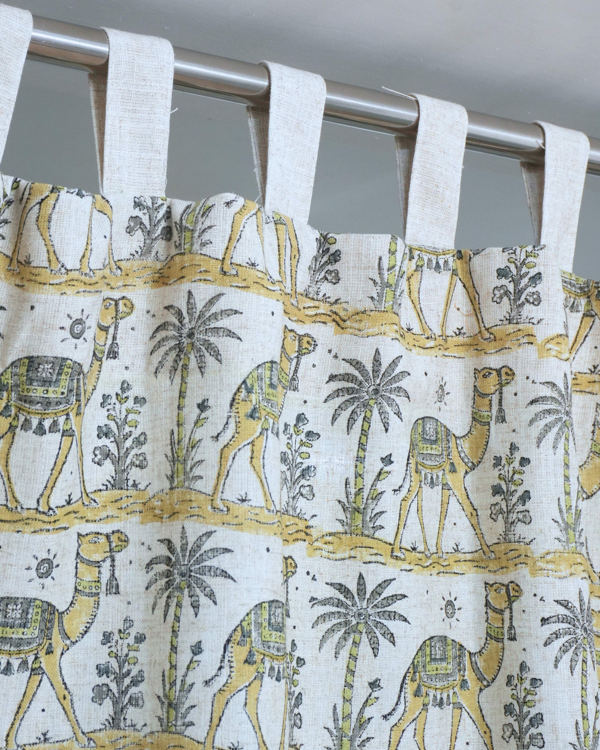 Camel Hand Block Print Tab Top Curtains — Gray &amp; Yellow Viscose Linen