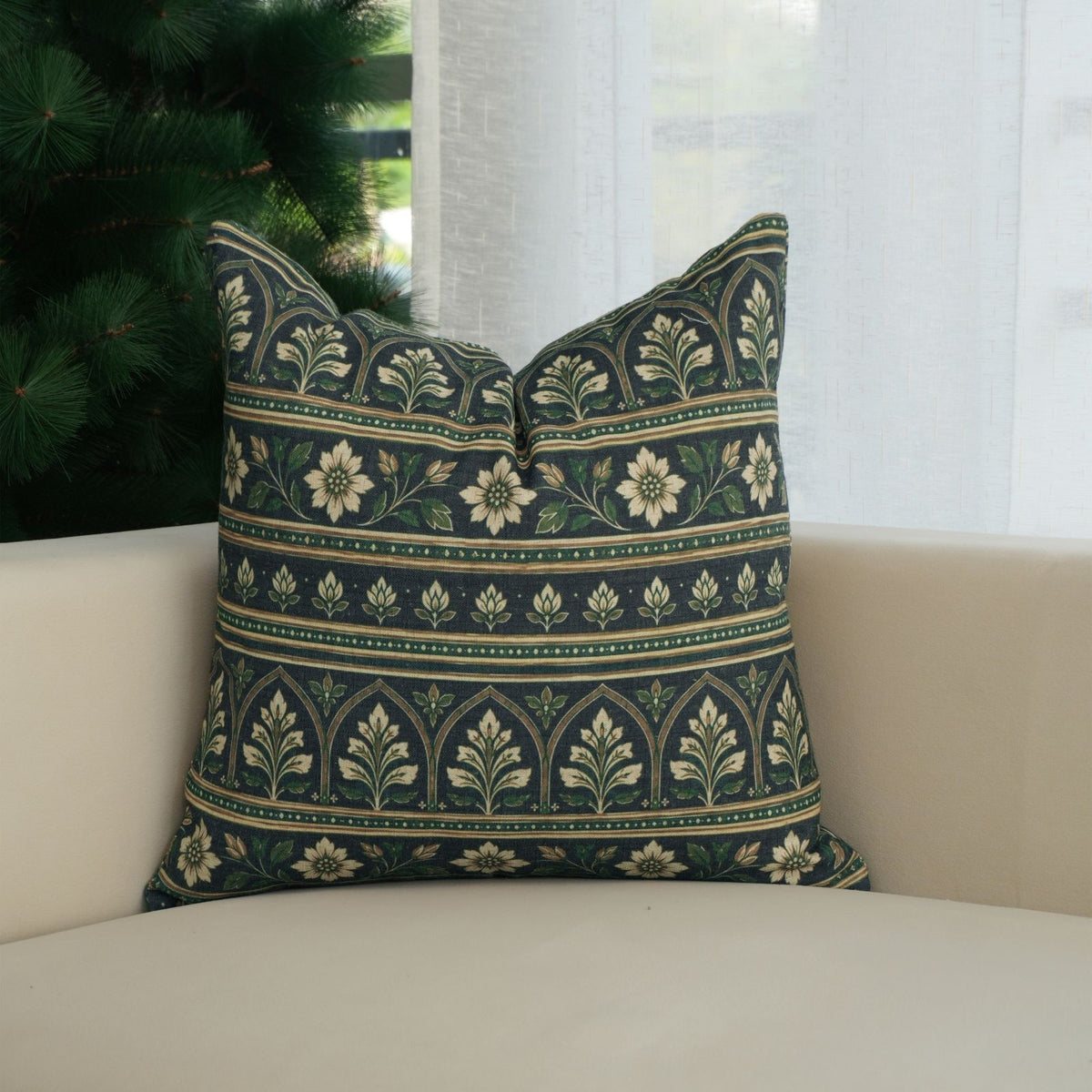 Floral Printed Deep Navy Viscose Linen Boho Cushion Cover 