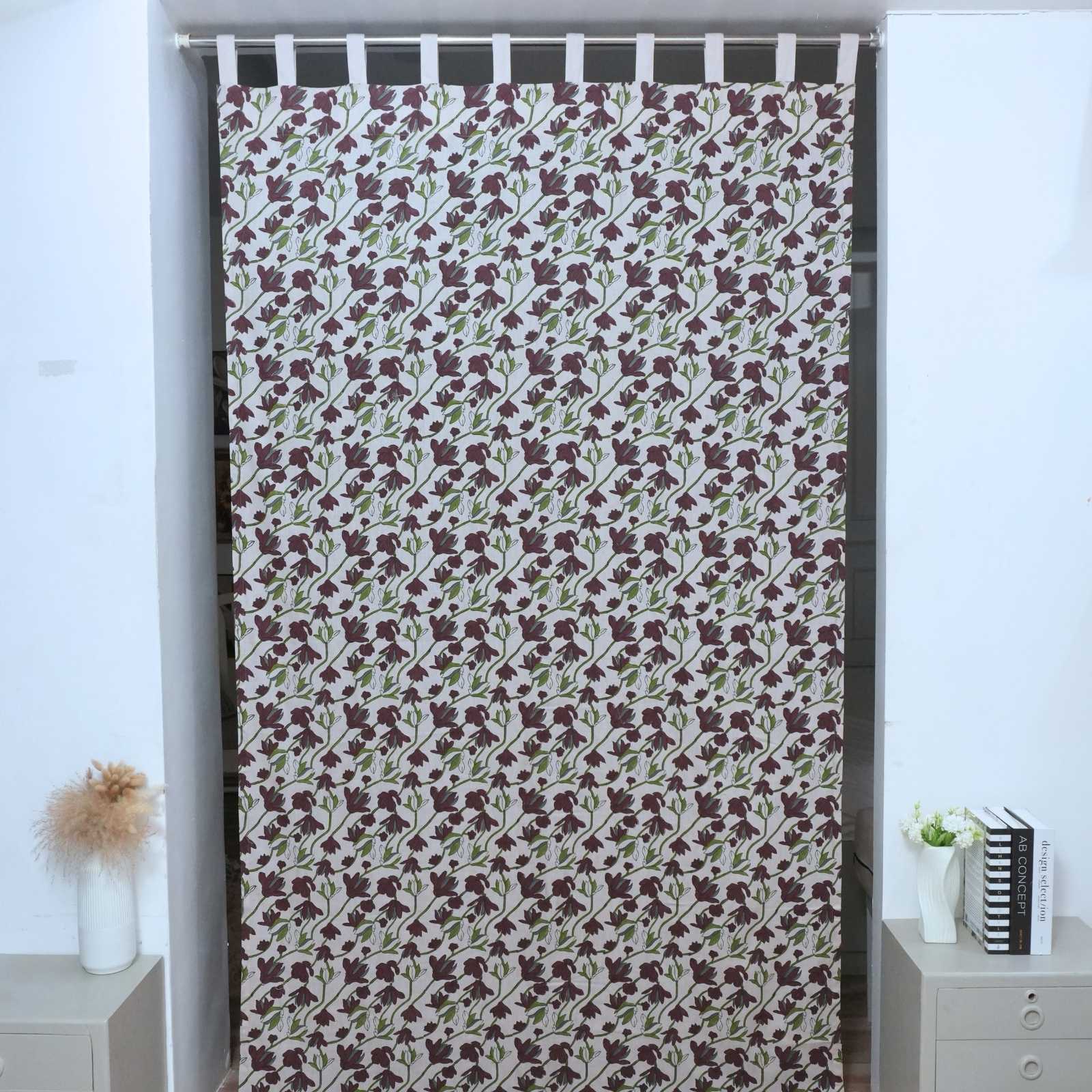 Shivri Dark Brown Floral Block Print Viscose Linen Tab Top Curtains