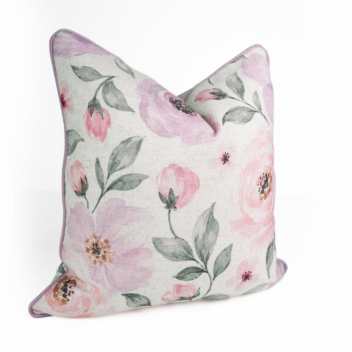 Rose Floral Printed Cream Viscose Linen Piping Cushion Cover 
