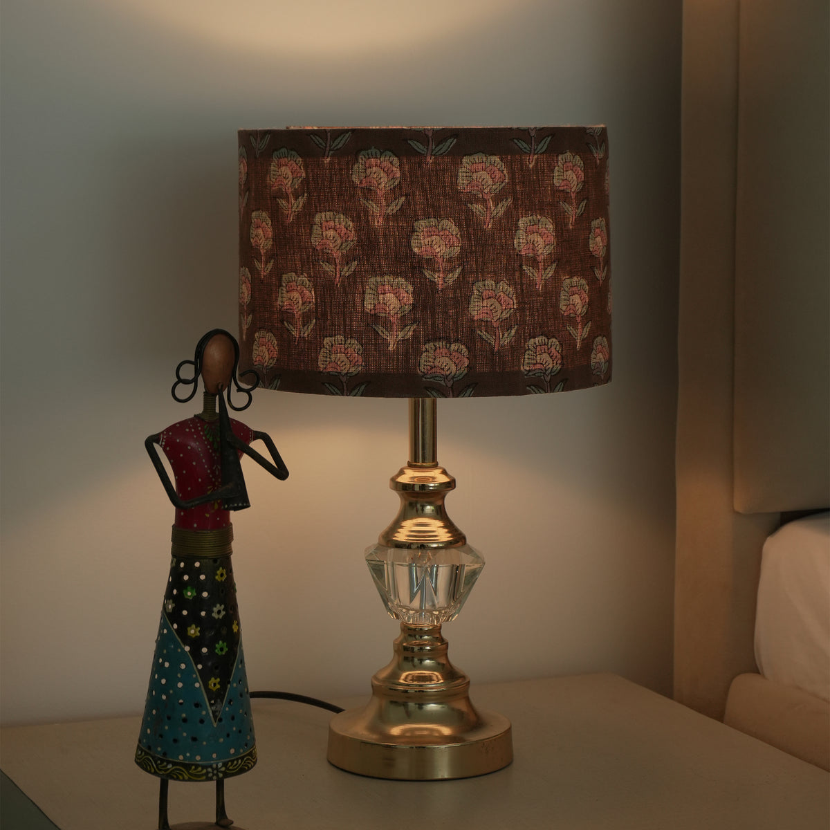 Brown Floral Wooden Block Print Linen Lampshade - Rohini
