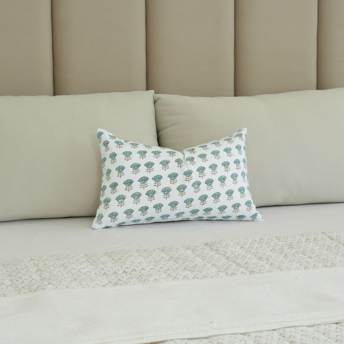 Block Print Kohinoor White Linen Decorative Lumbar Pillow Cover