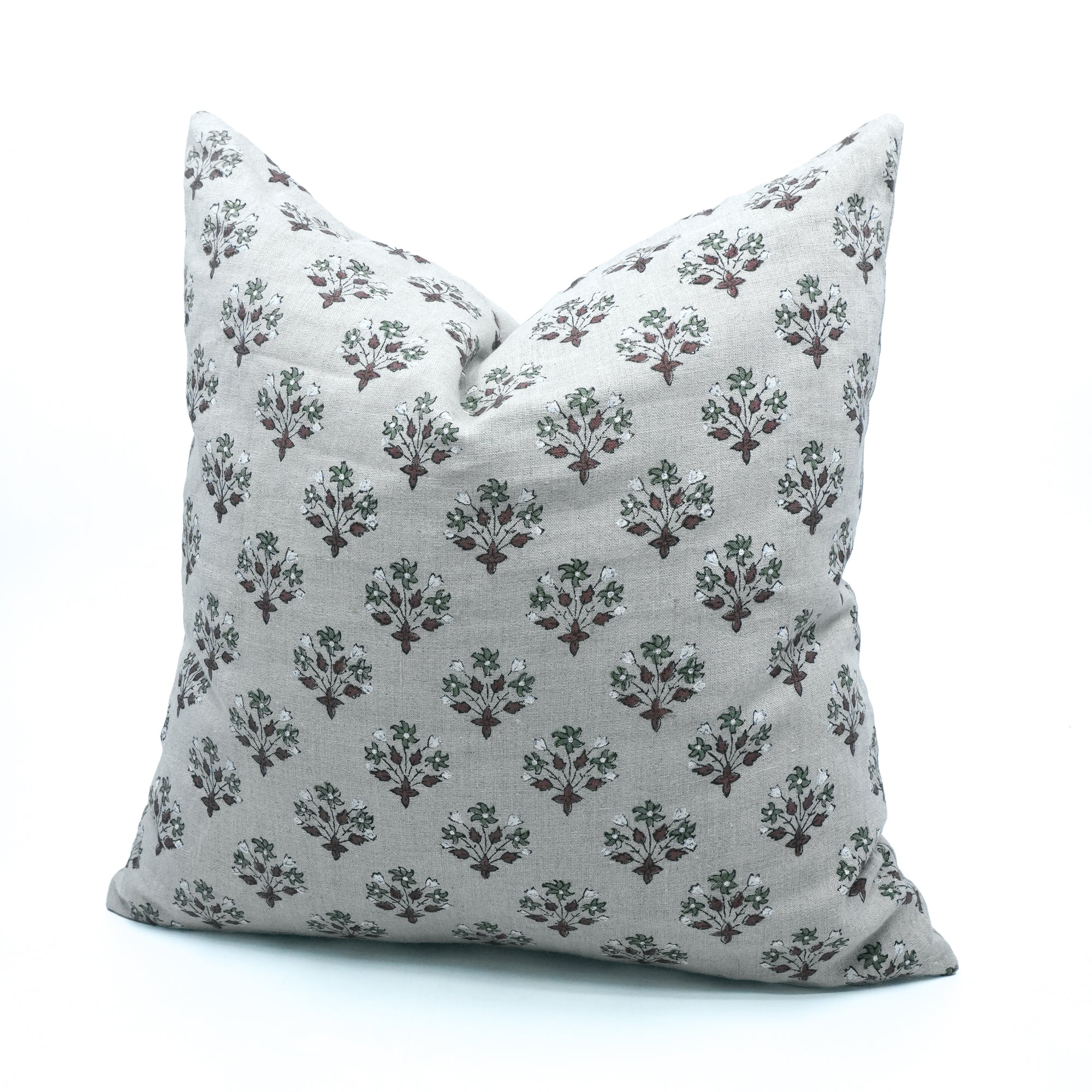 Hand Block Print Linen Cushion Cover Green &amp; Brown Diwali Flower