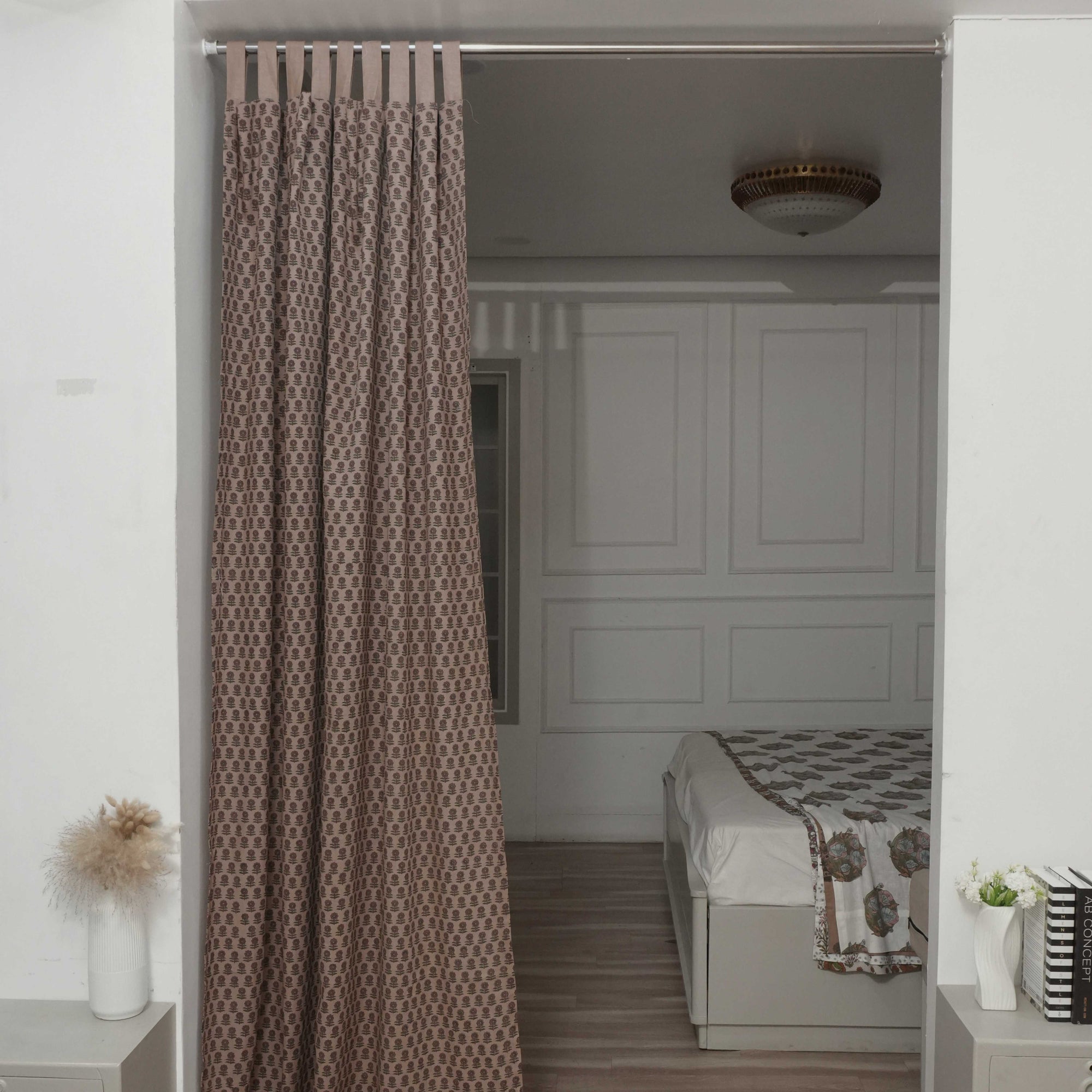 Pink Floral Block Print Viscose Linen Tab Top Curtains - Anamika