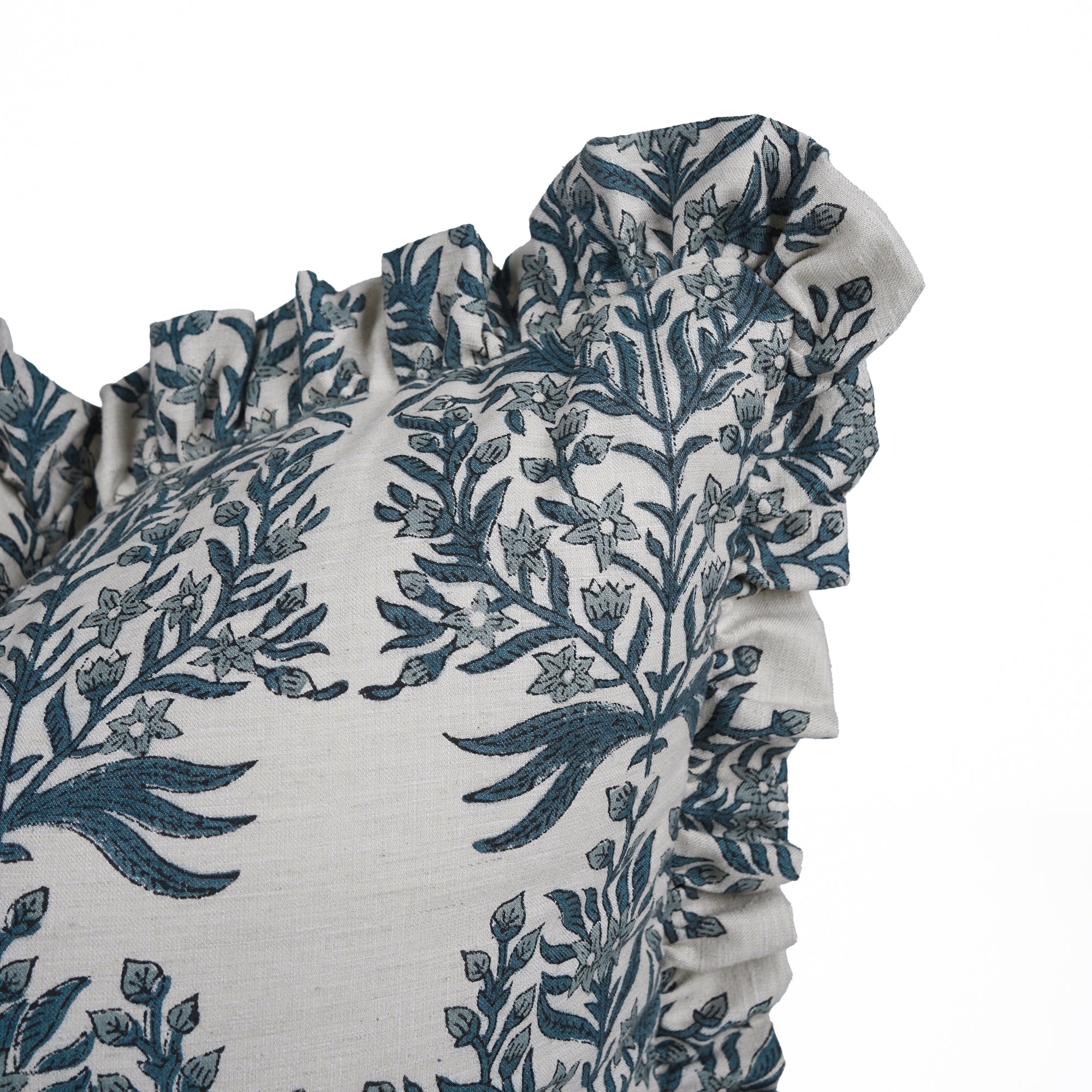Vrindavan Block Print Frill Pillow Cover on Linen Blend