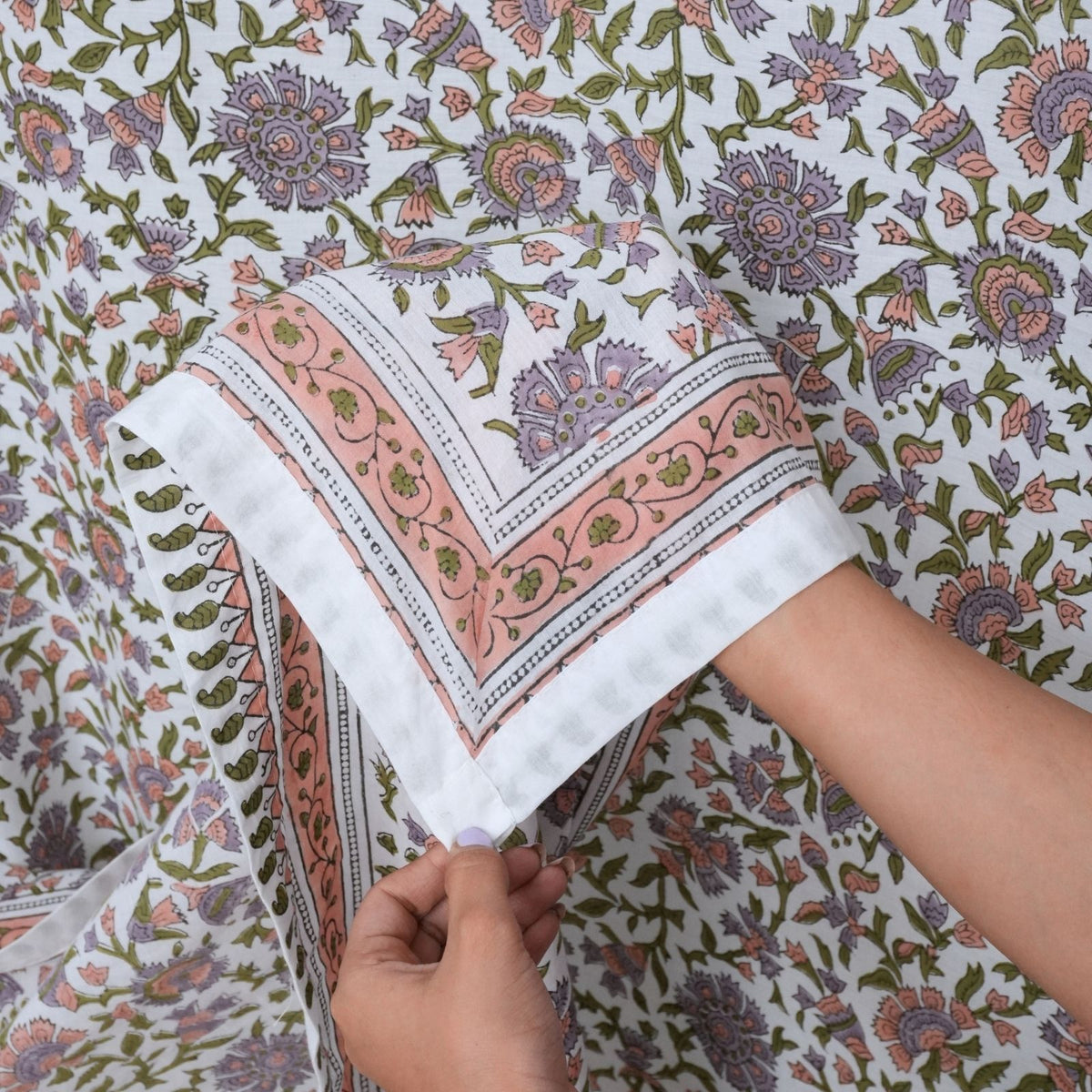 Indian Artisan Block Print Cotton Tab Top Curtain - Pushplata
