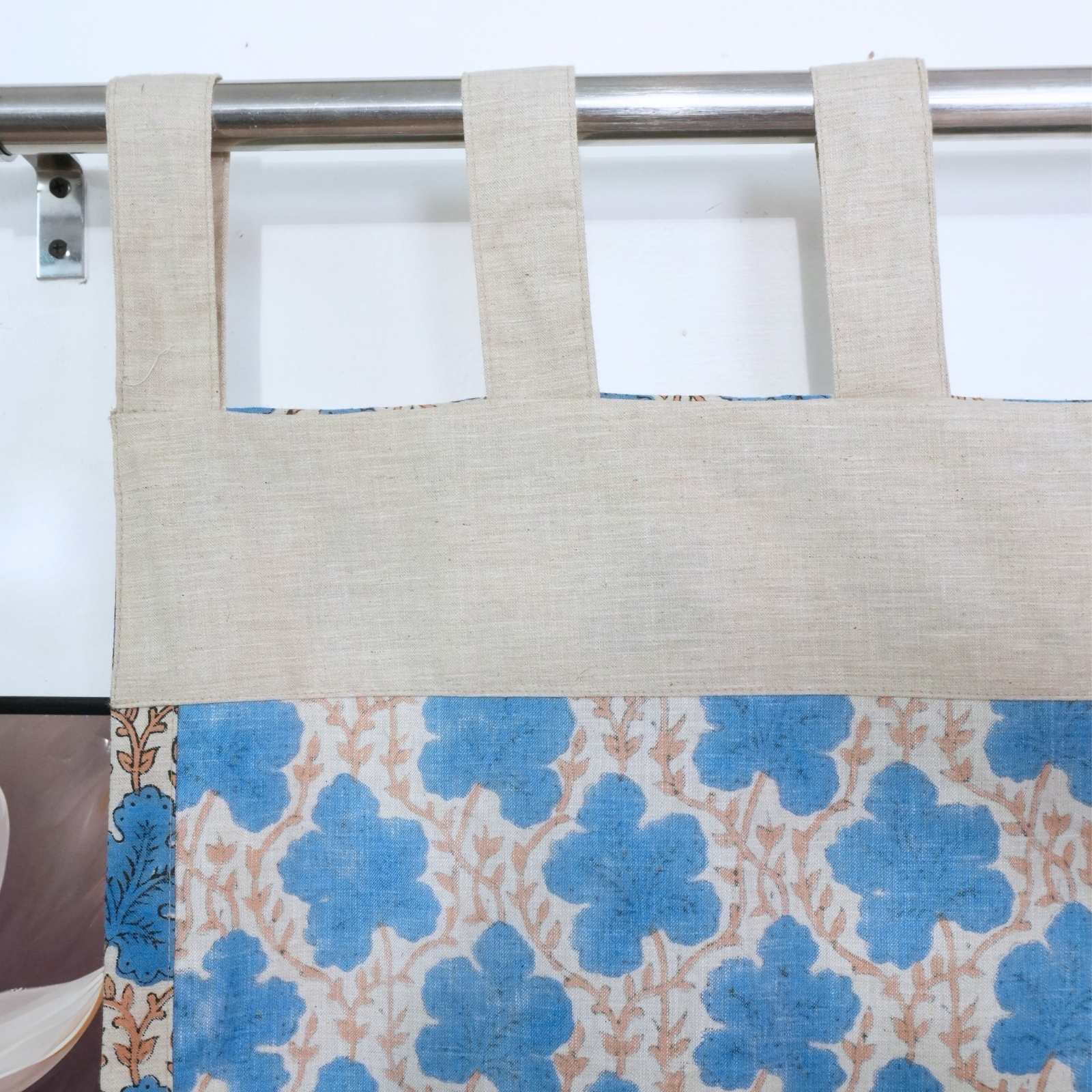 Cornflower Blue Leaf Vine Hand Block Print Linen Tab Top Drapes - Pushpsamhita