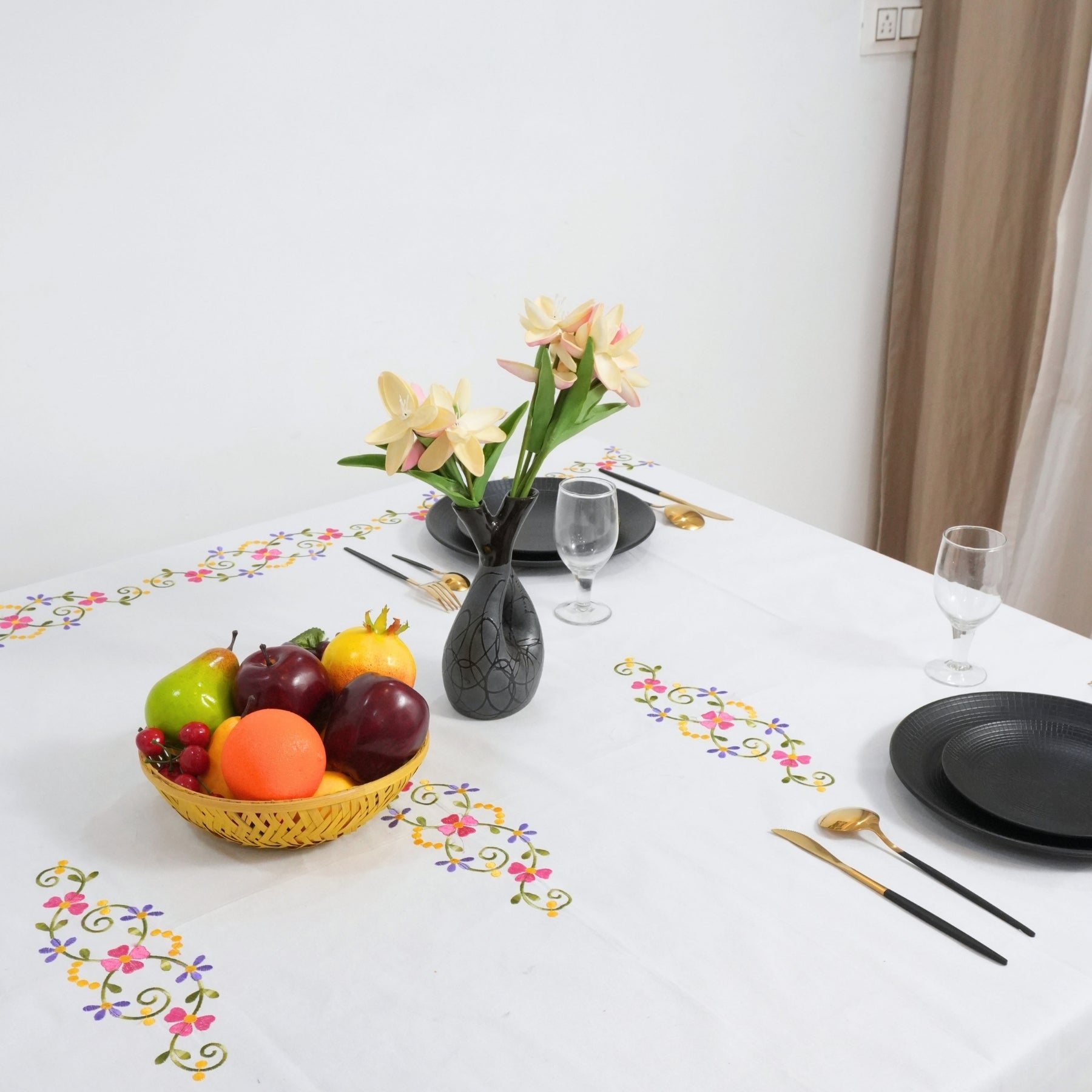 Pink and Green Floral Embroidered Thick Cotton Table Cover
