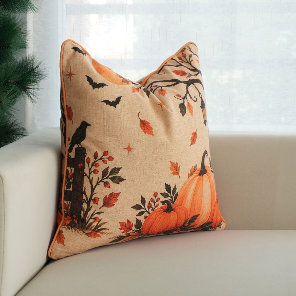 Halloween Pumpkin Viscose Linen Decor Piping Pillow Cover - Kadu