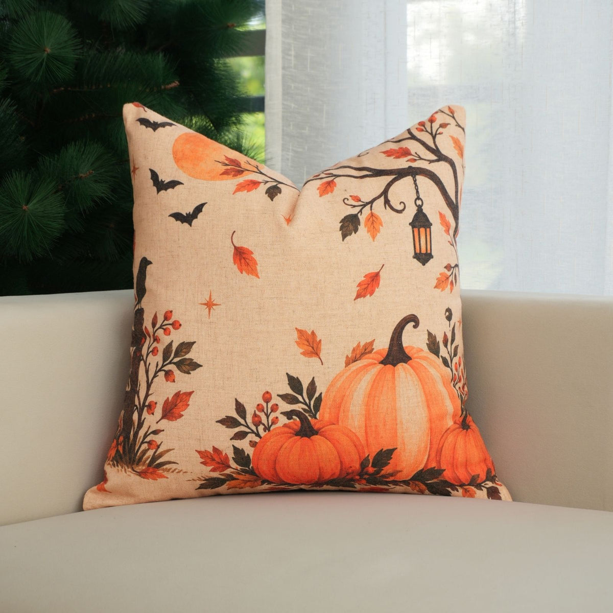 Halloween Pumpkin Print Viscose Linen Pillow Cover - Kadu