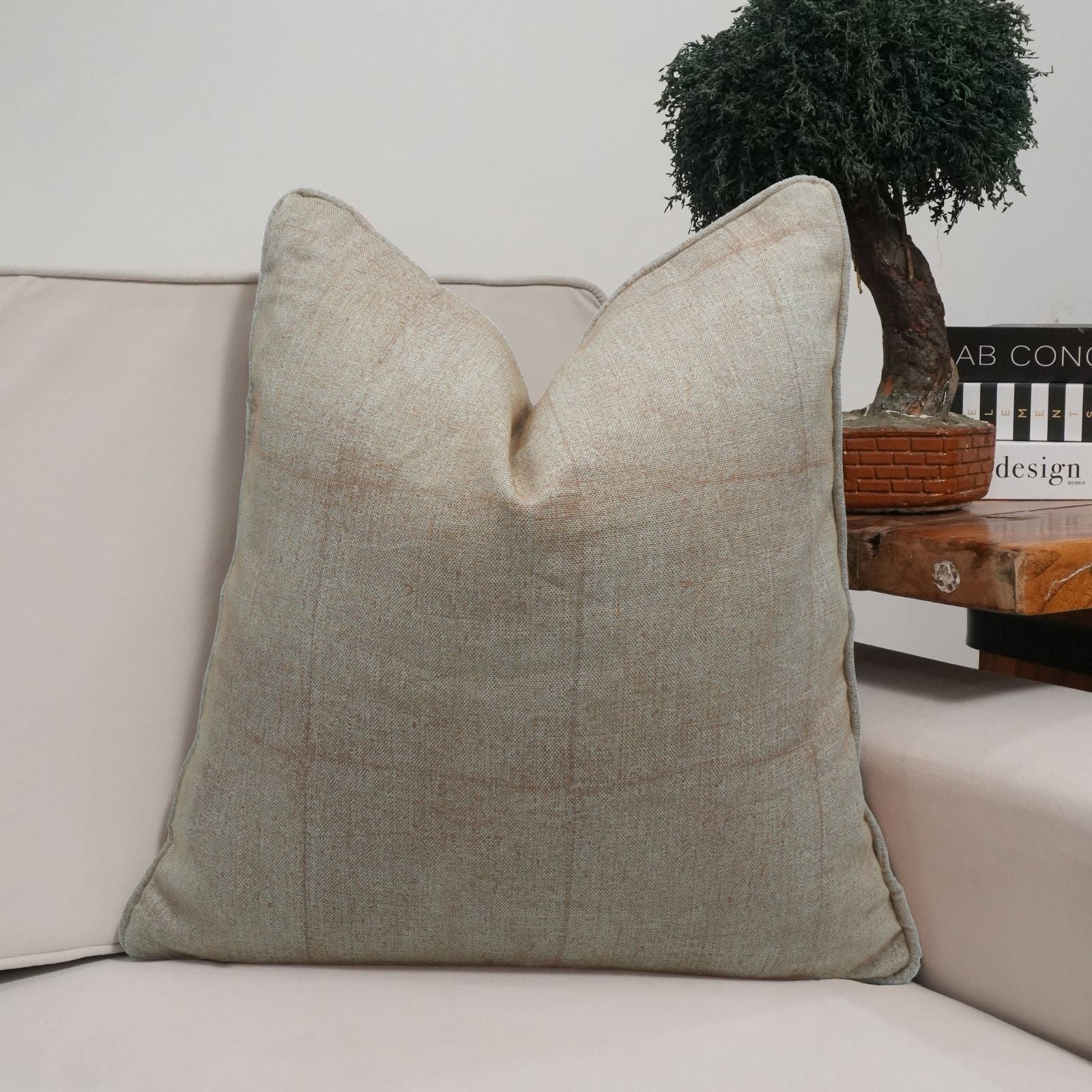 Solid Natural Beige Piping Thick Linen Pillow Cover