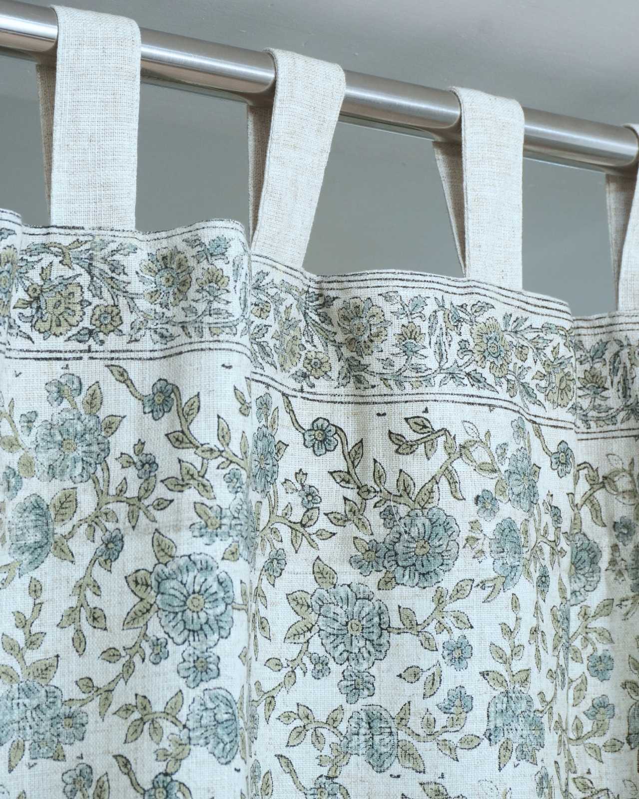 Block Print Gray Floral Heavy Viscose Linen Drapes Curtains - Suman