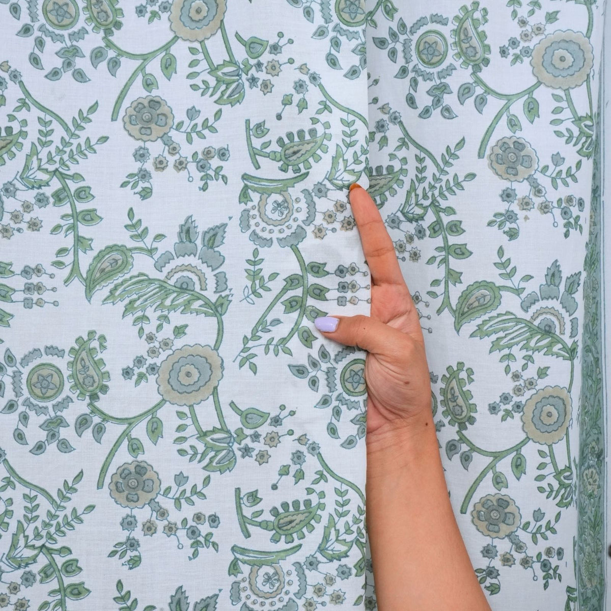 Block Print Arpan Sage Green Floral Cotton Curtain