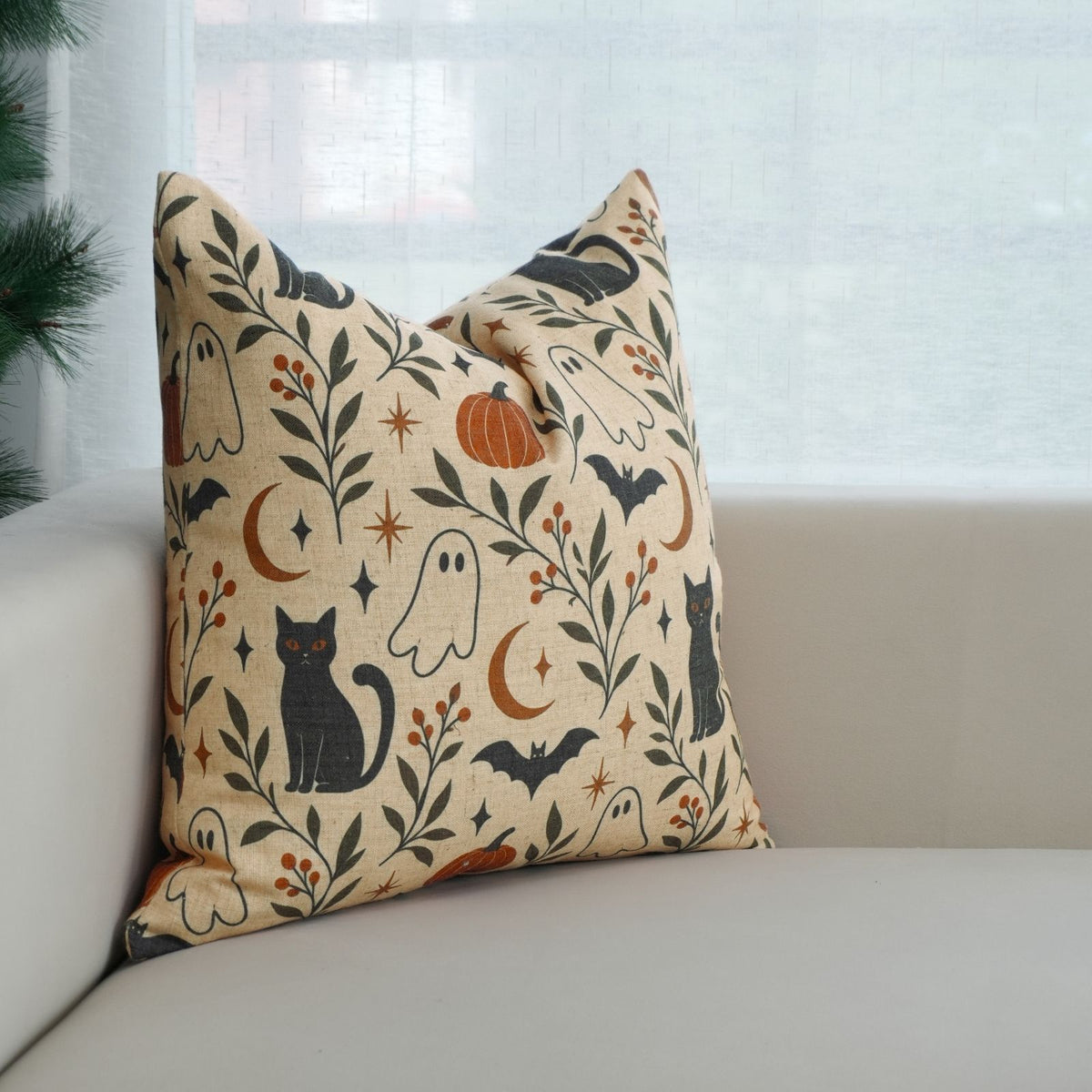Halloween Black Cat Ghosts Viscose Linen Cushion Cover - Spooky