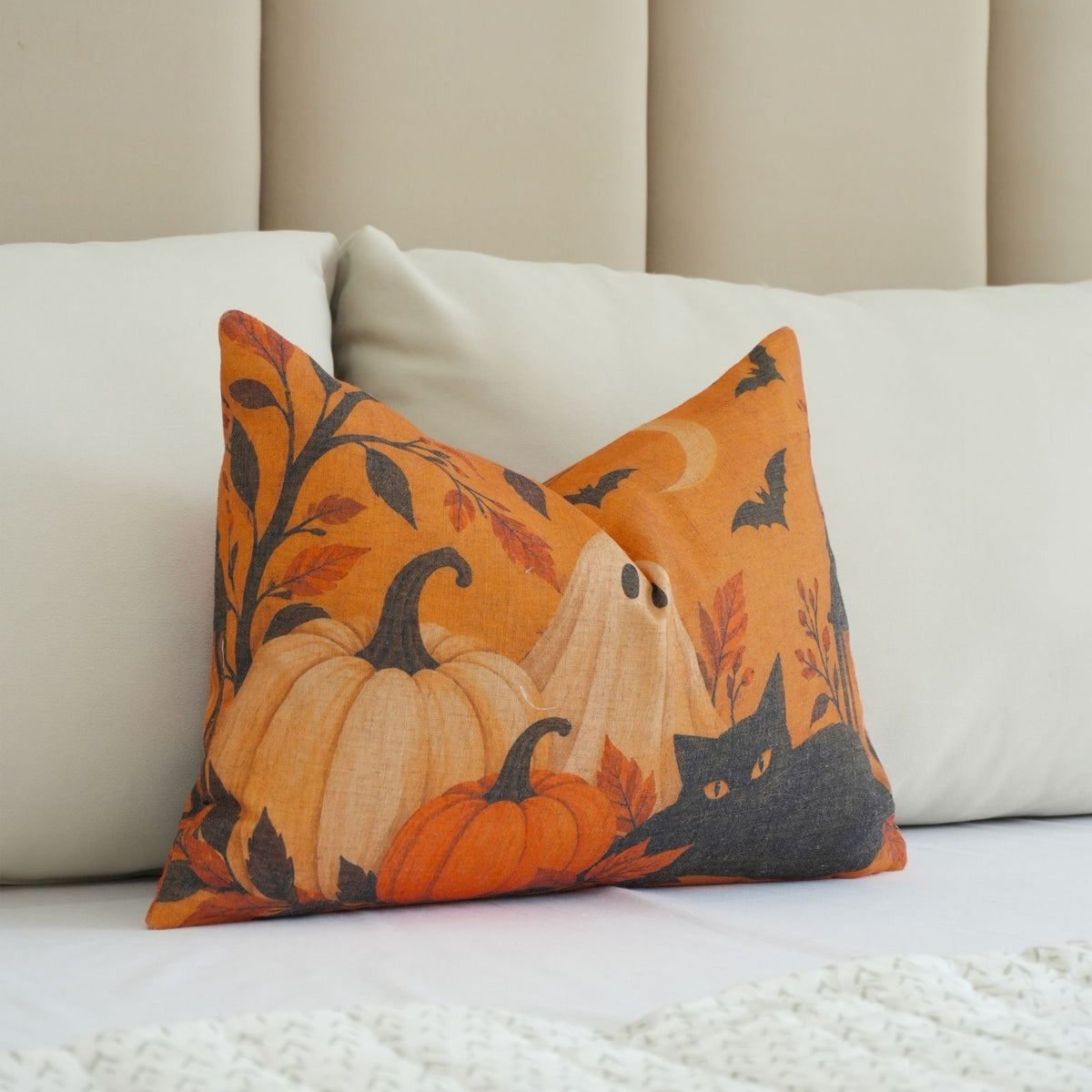 Haunted Cat Printed Orange Linen Lumbar Pillow Cover