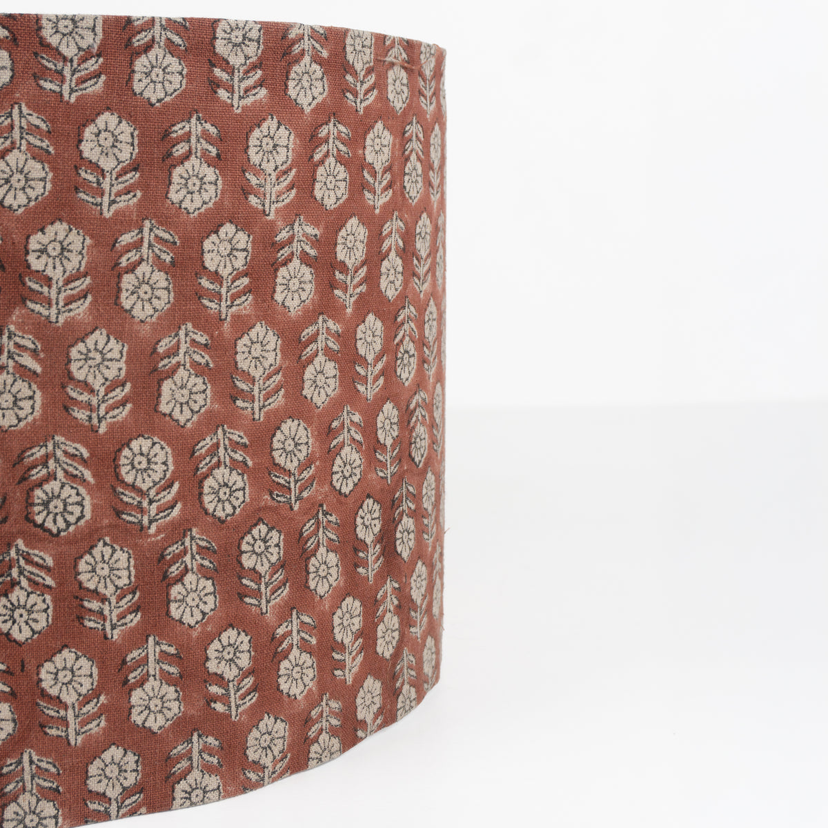 Block Print Drum Lampshade on Heavy Linen - Rust Tulsi Buti