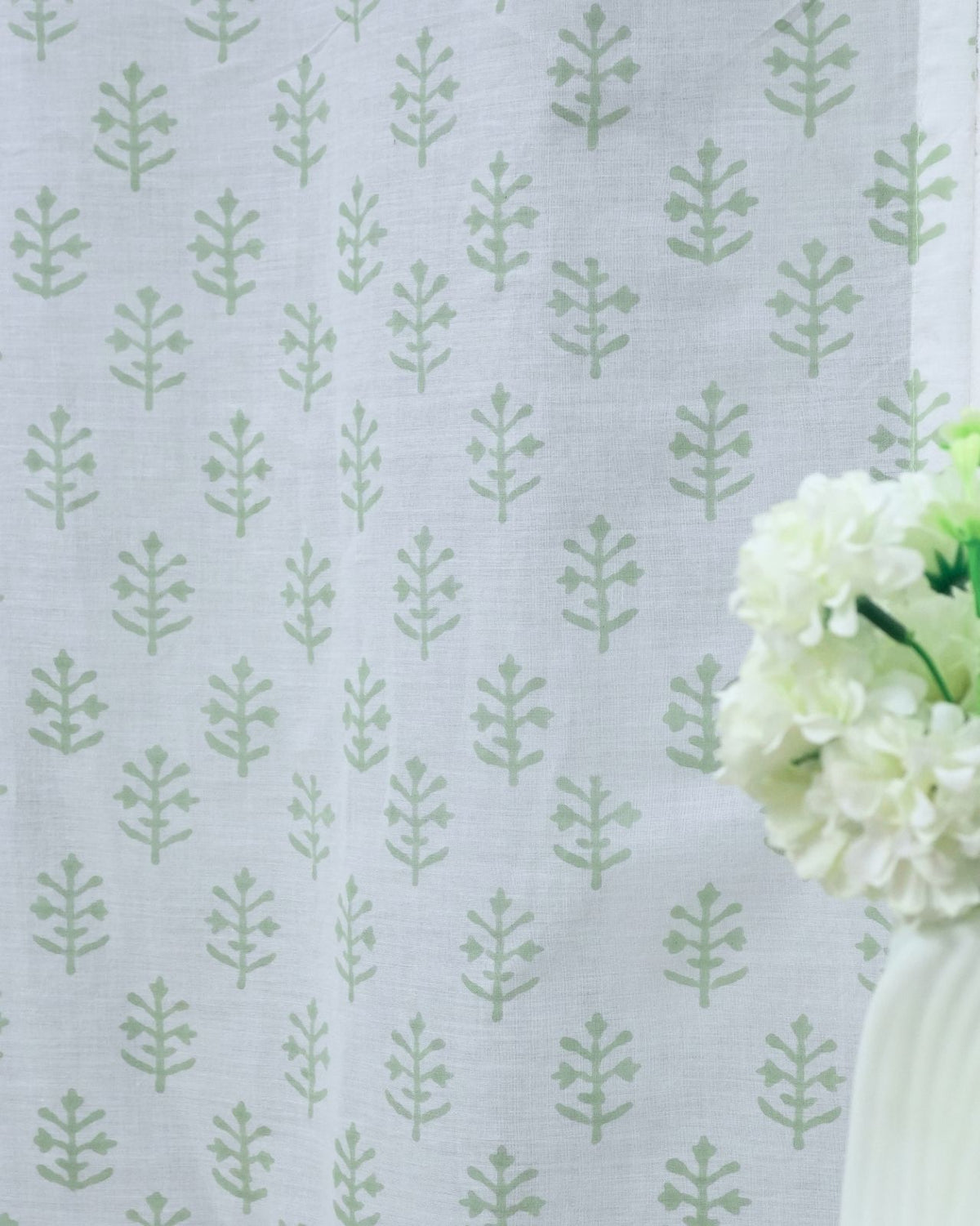 Jasmine Block Print Sage Green 100% Cotton Tab Top Curtain