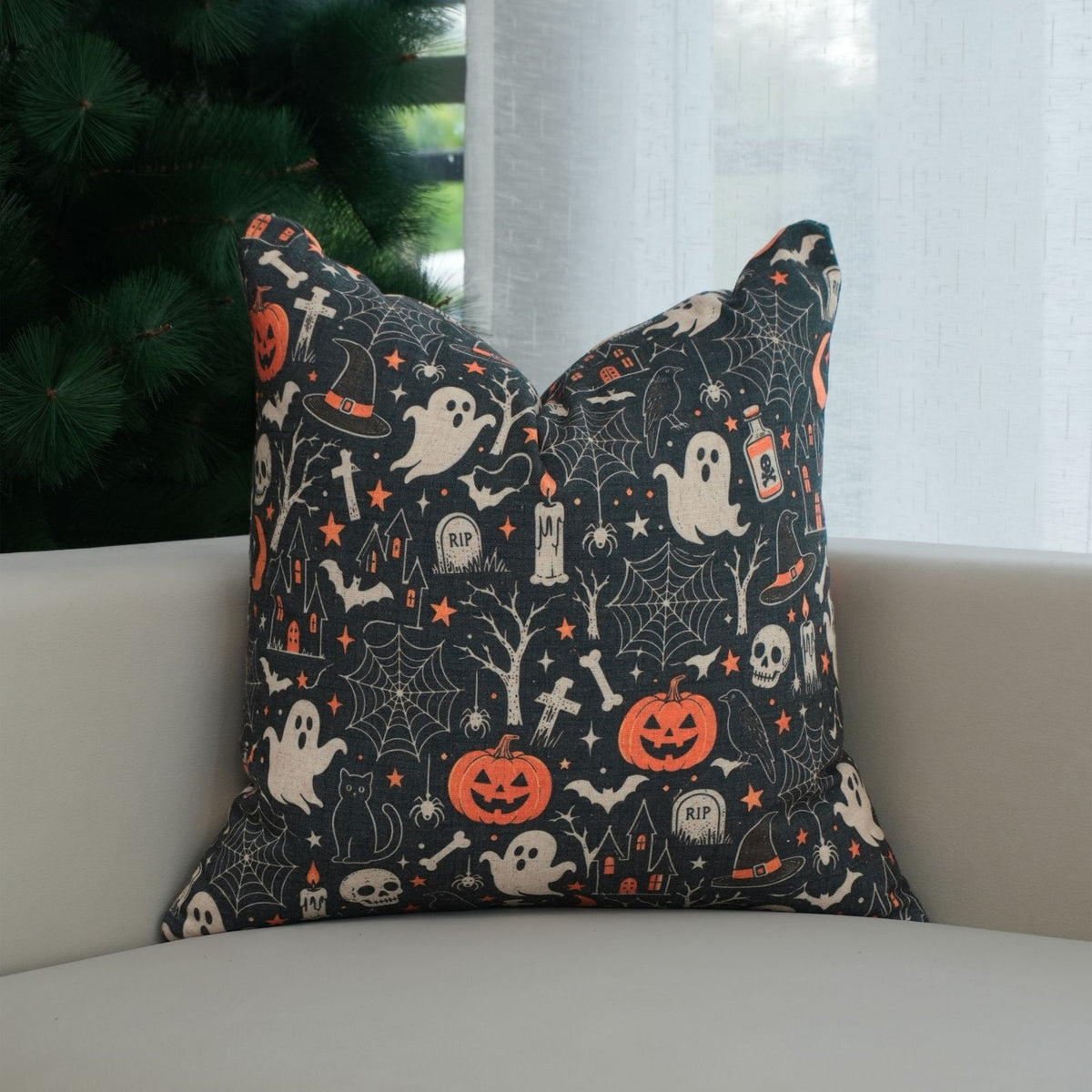 Halloween Ghosts Pumpkins Linen Cushion Cover Skeleton Decor