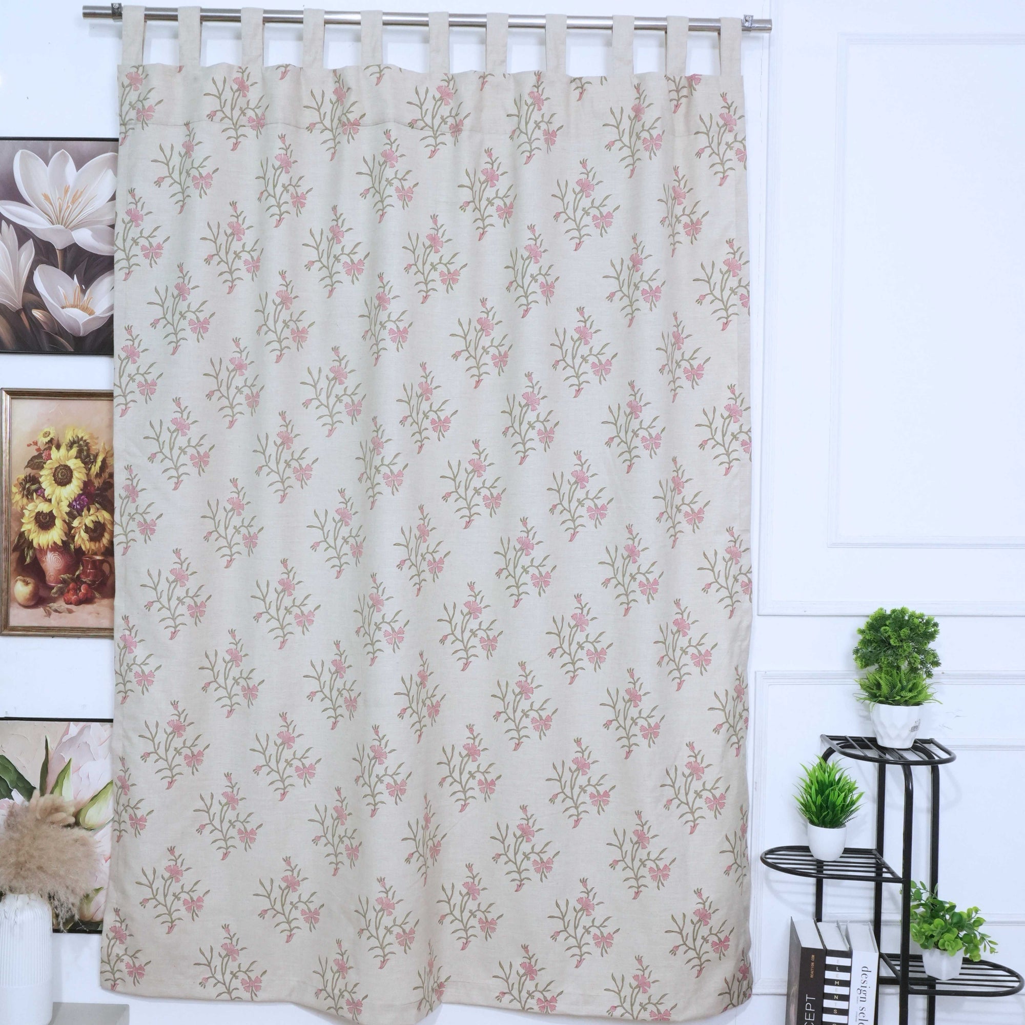 Strawberry Hand Block Print Tab Top Curtains | Pink Linen