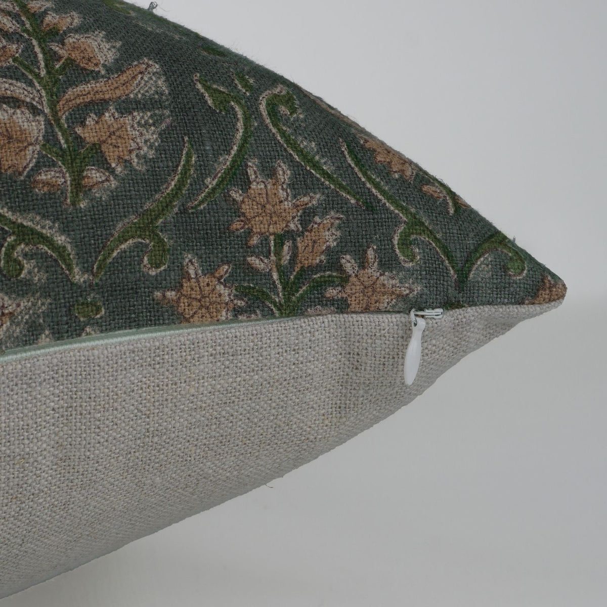 Vishalpushp Tan & Olive Trellis Block Print Cushion Forest Linen