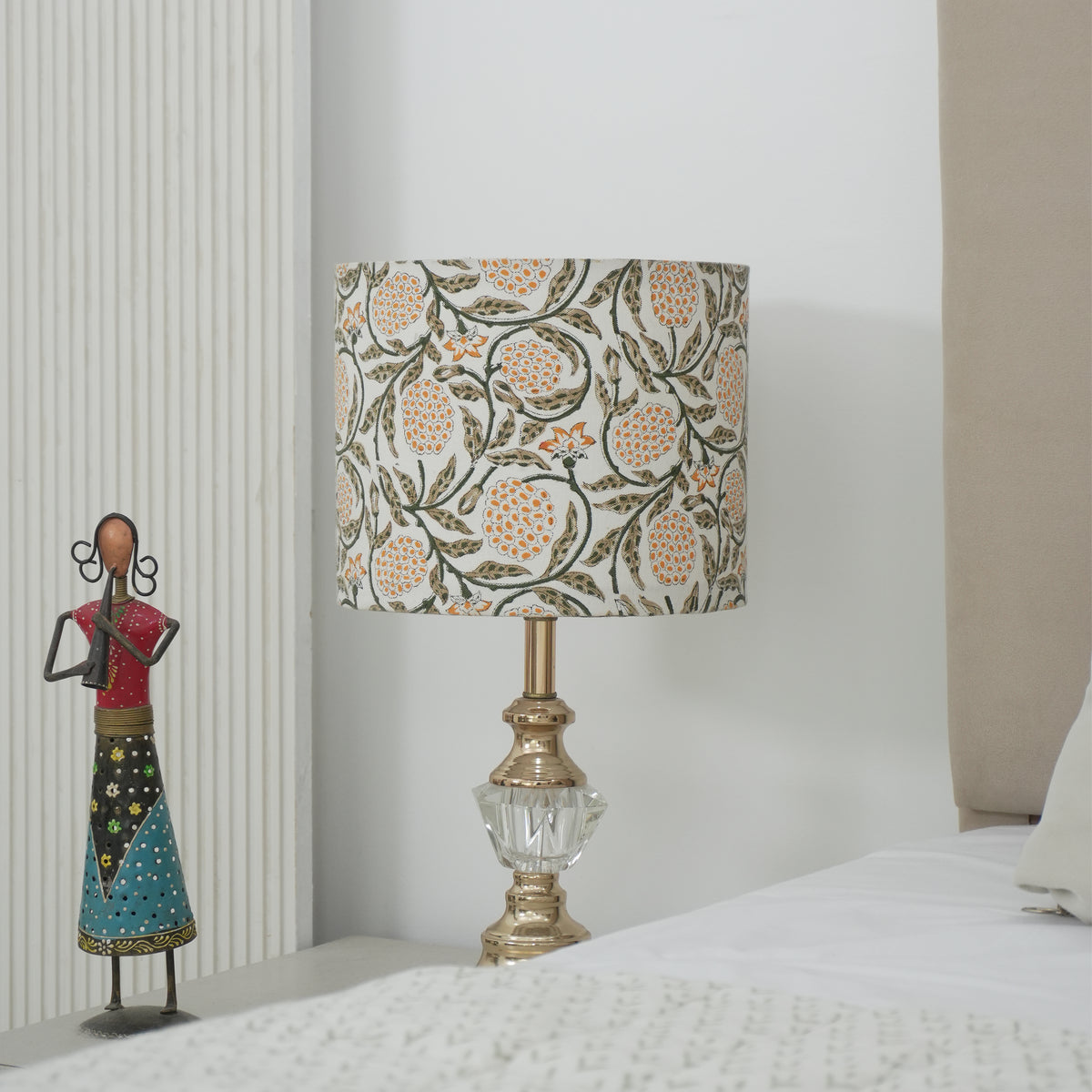 Meraki Block Print Drum Lampshade on Thick Cotton White