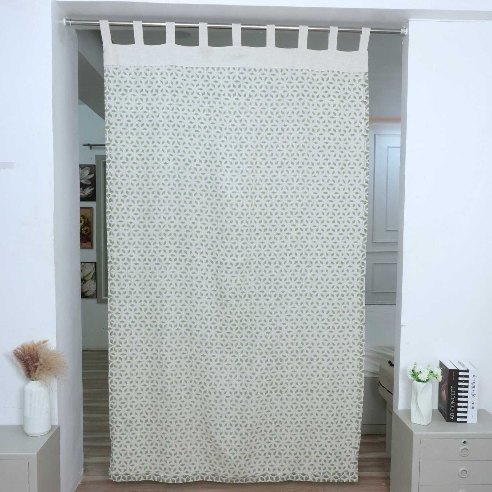 Block Print Tab Top Linen Curtains Shatkon Sage Green