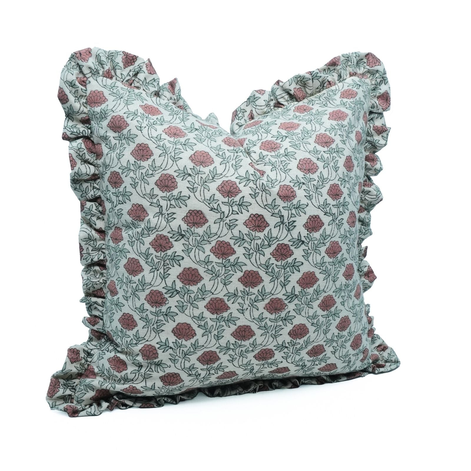 Block Print Red Floral Farmhouse Frill Pillow Cover - Khushbu
