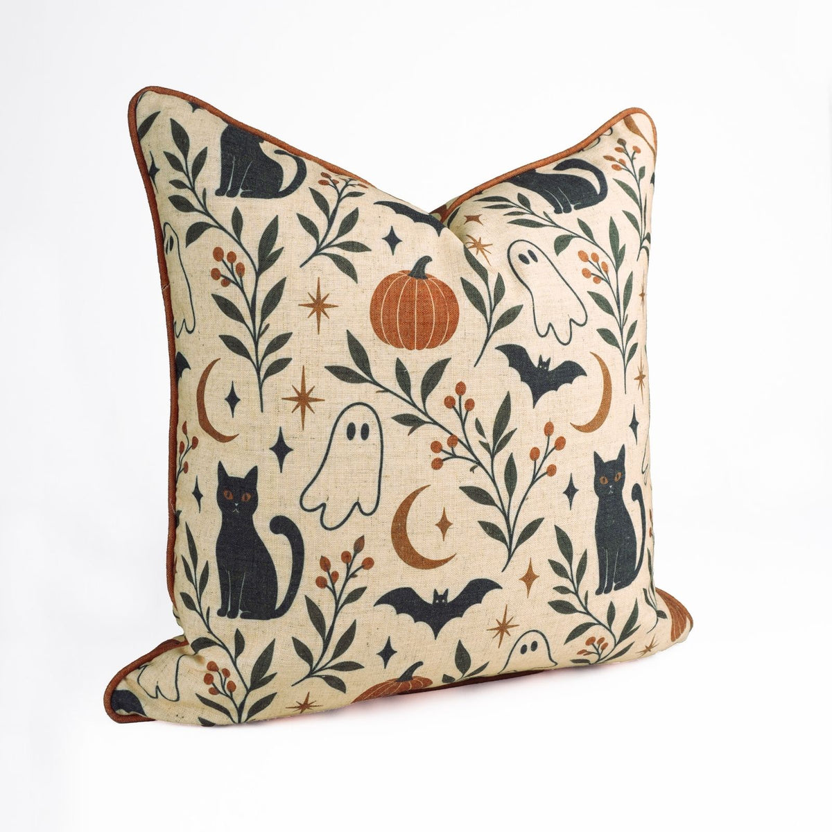 Spooky Cats &amp; Ghosts Halloween Piping Linen Throw Cushion