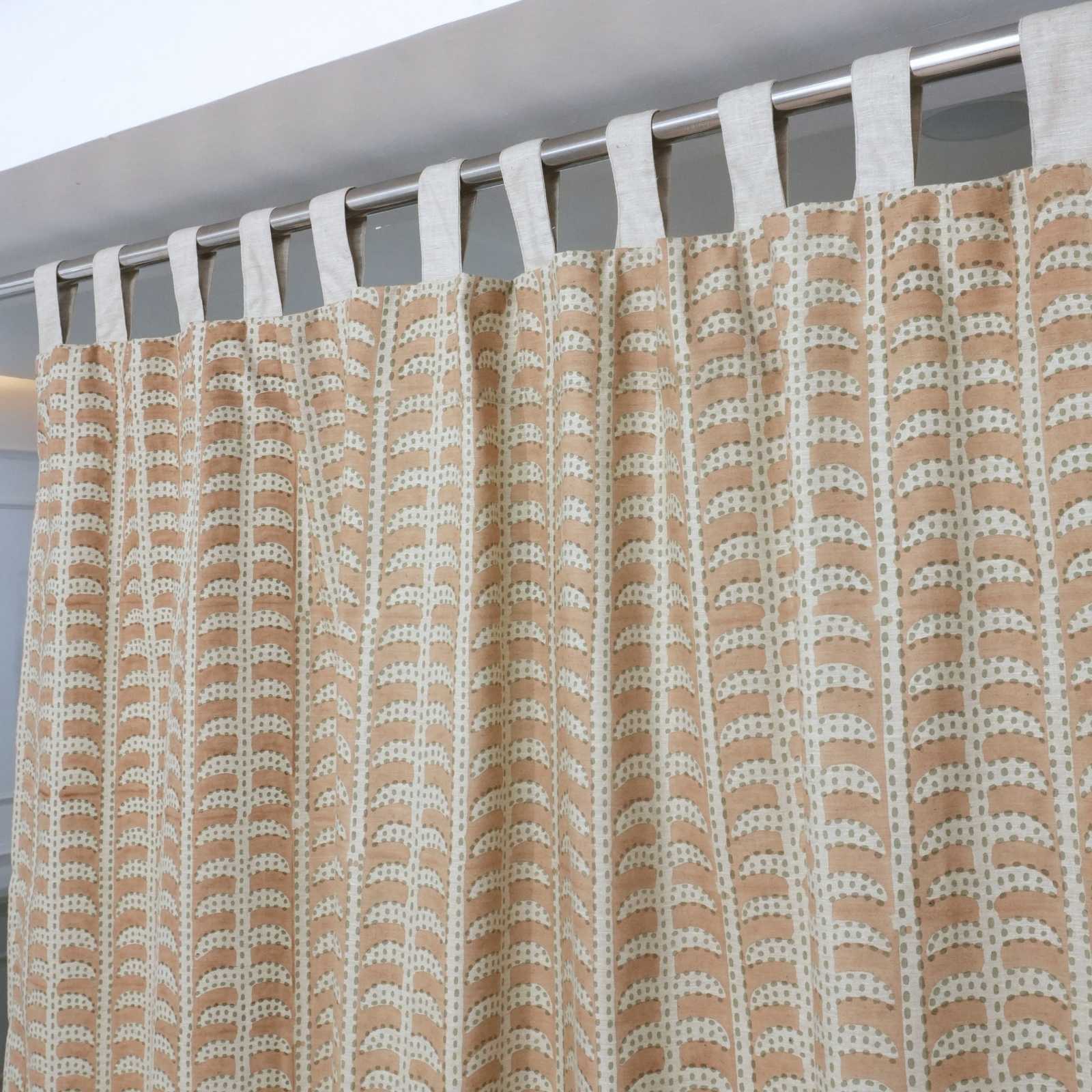 Garud Hand Block Print Tab Top Curtains | Peach Stripe Linen