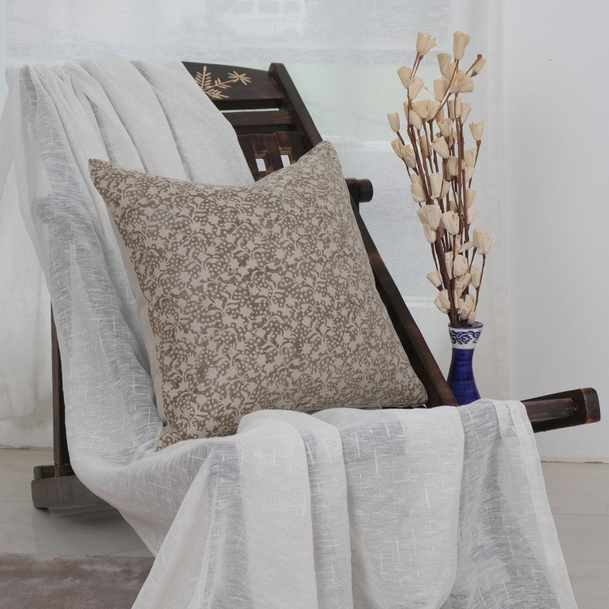 Indian Print Pure Linen Brown Cushion Cover - Firoza