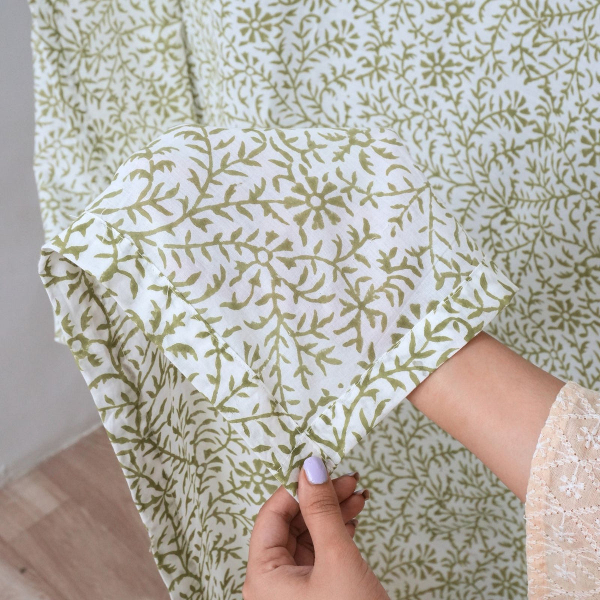 Wooden Block Print Curtain 100% Cotton - Green Jungli Ghass