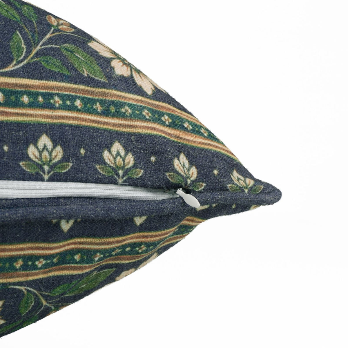 Floral Printed Piping Deep Navy Viscose Linen Cushion Cover
