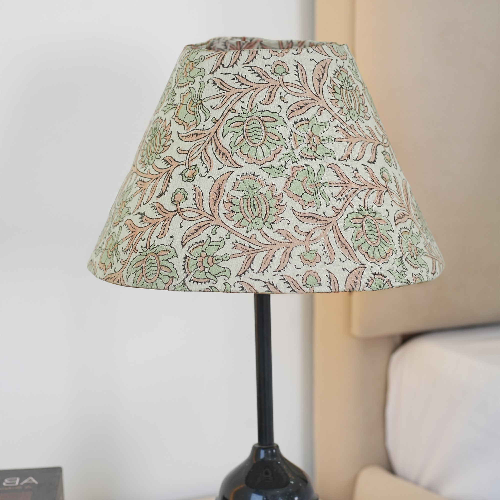 Block Print Sage Green Floral Linen Blend Lampshade - Jaipuri Jaal