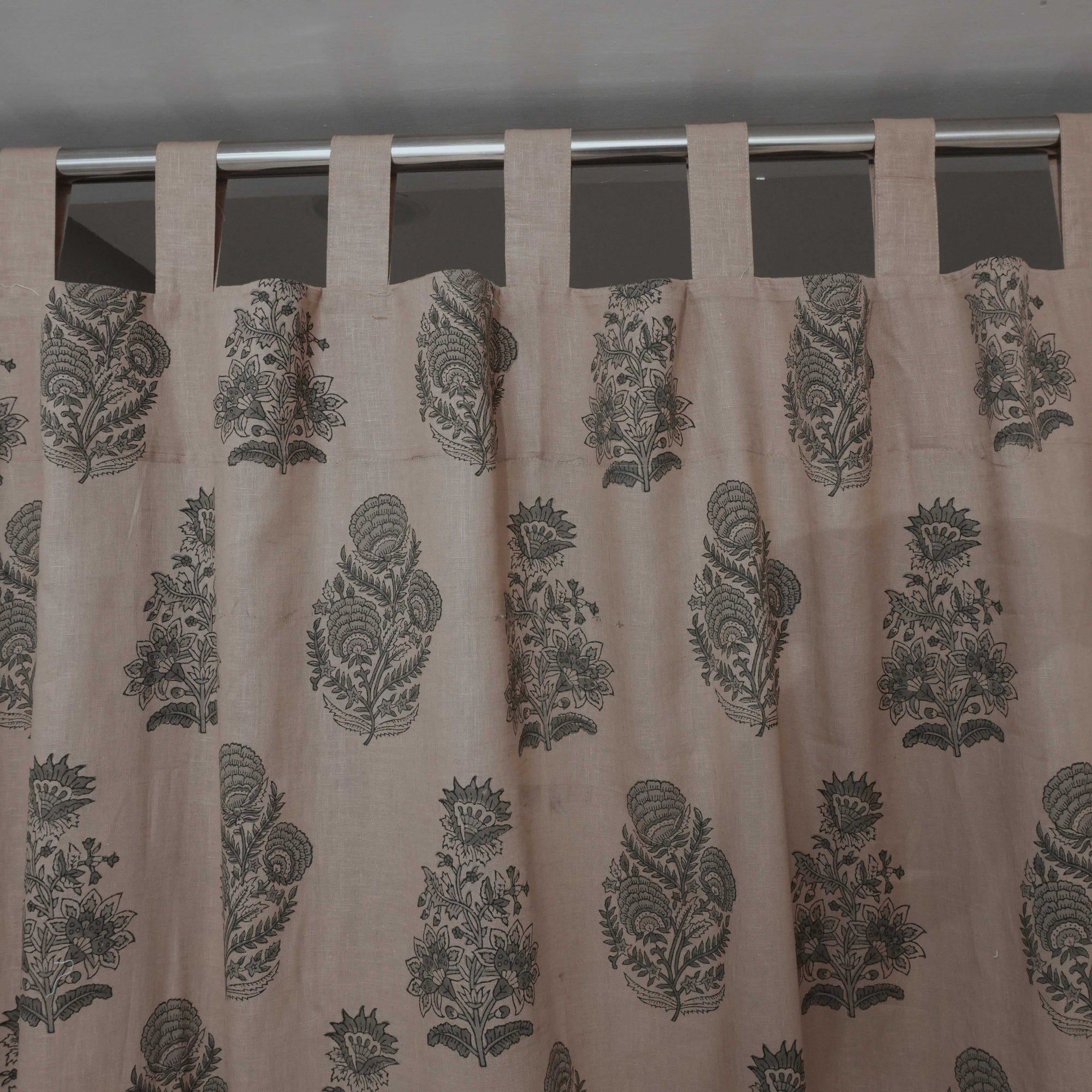 Mohini Gray Floral Hand Block Print Viscose Linen Tab Top Curtains