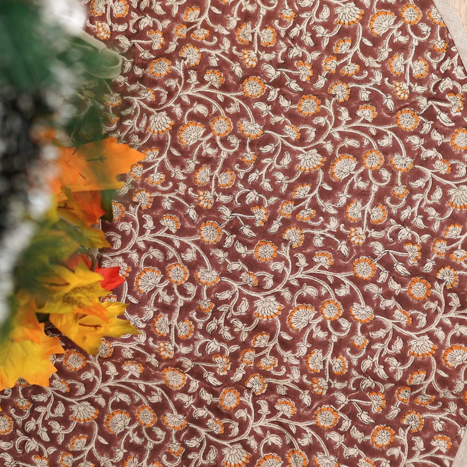 Hand Block Printed Orange & Brown Floral in Premium Pure Linen Christmas Tree Skirt Holiday Decor - Himachal