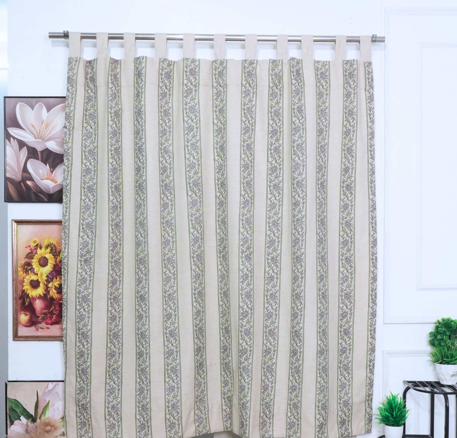 Indian Artisan Lavender Floral Linen Blend Tab Top Curtains - Kushi