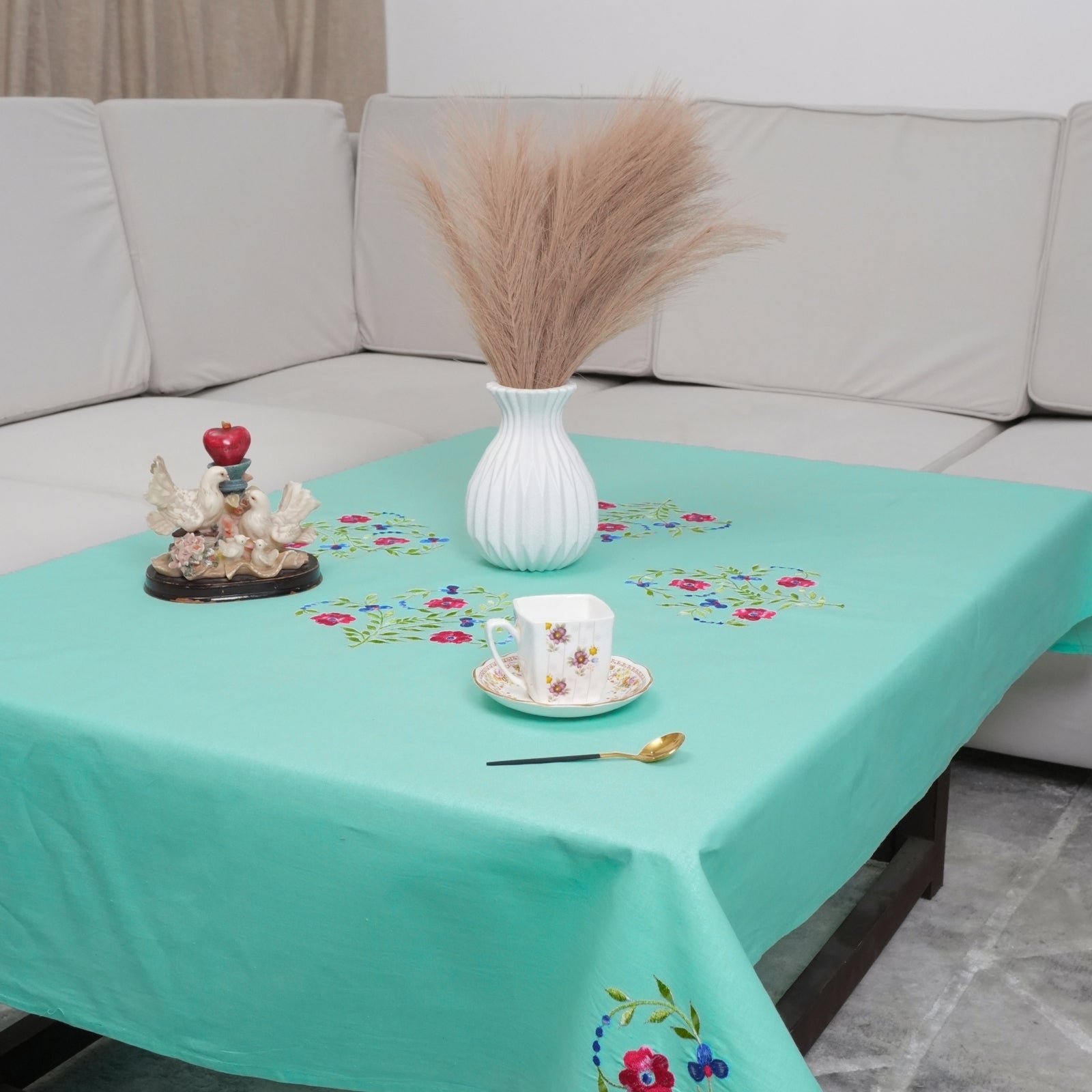 Aqua Green Red Floral Boho Embroidered Cotton Tablecloth | Decor