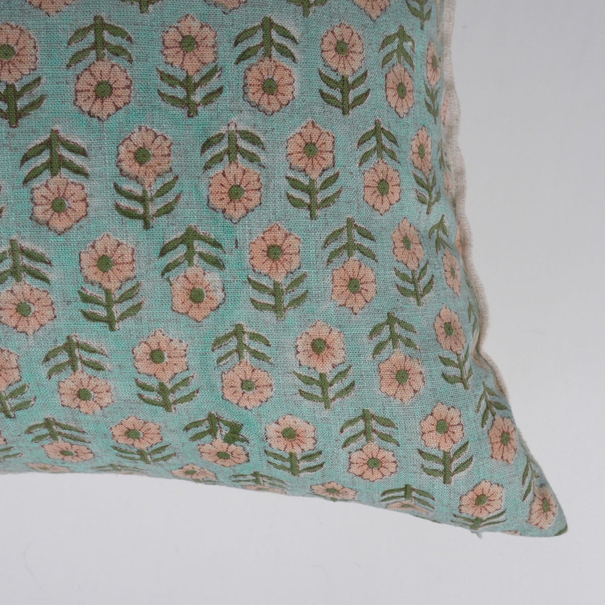Tulsi Buti Block Print Sage Green Floral Linen Cushion Cover