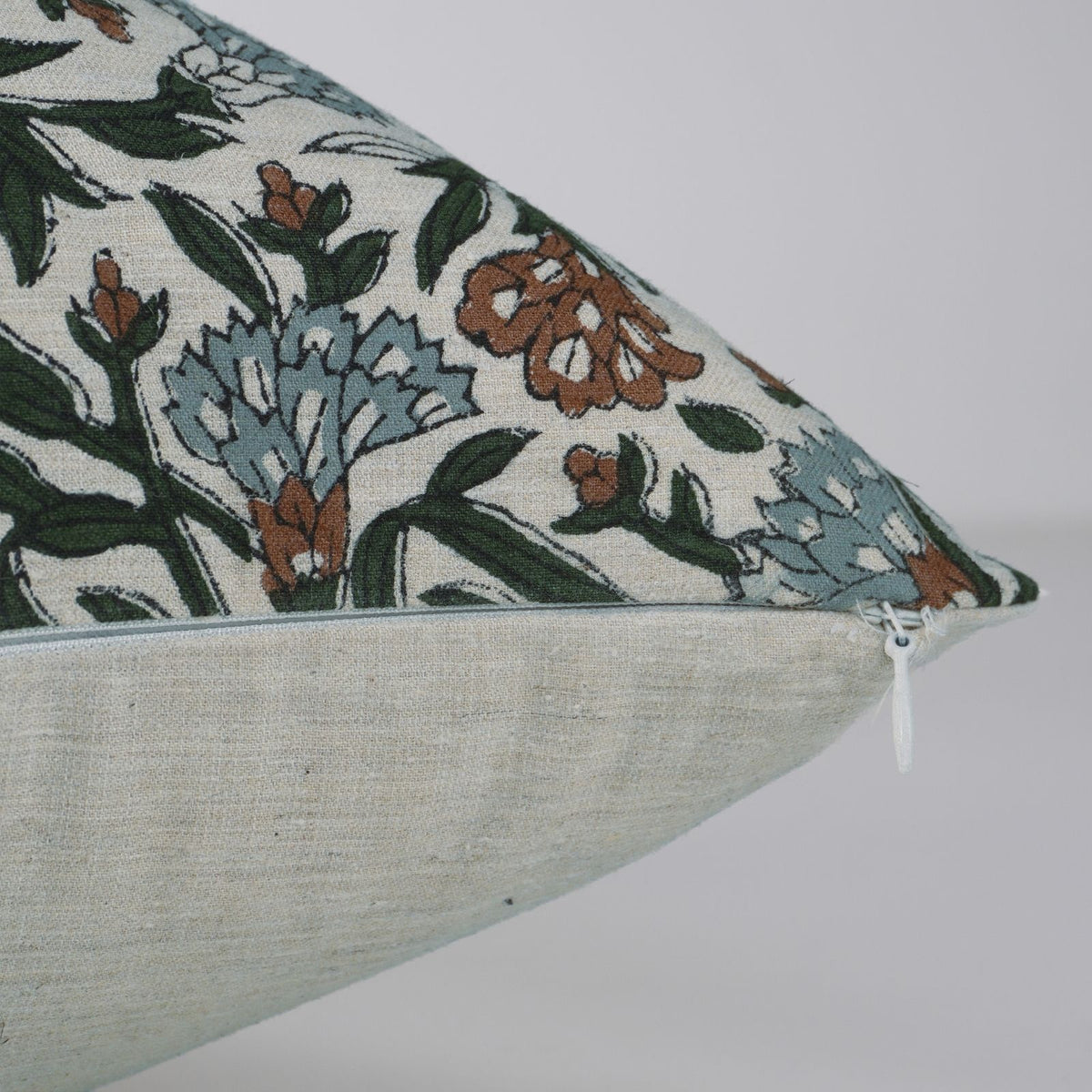 Block Print Thorny Stems Dusty Blue Linen Blend Cushion Cover