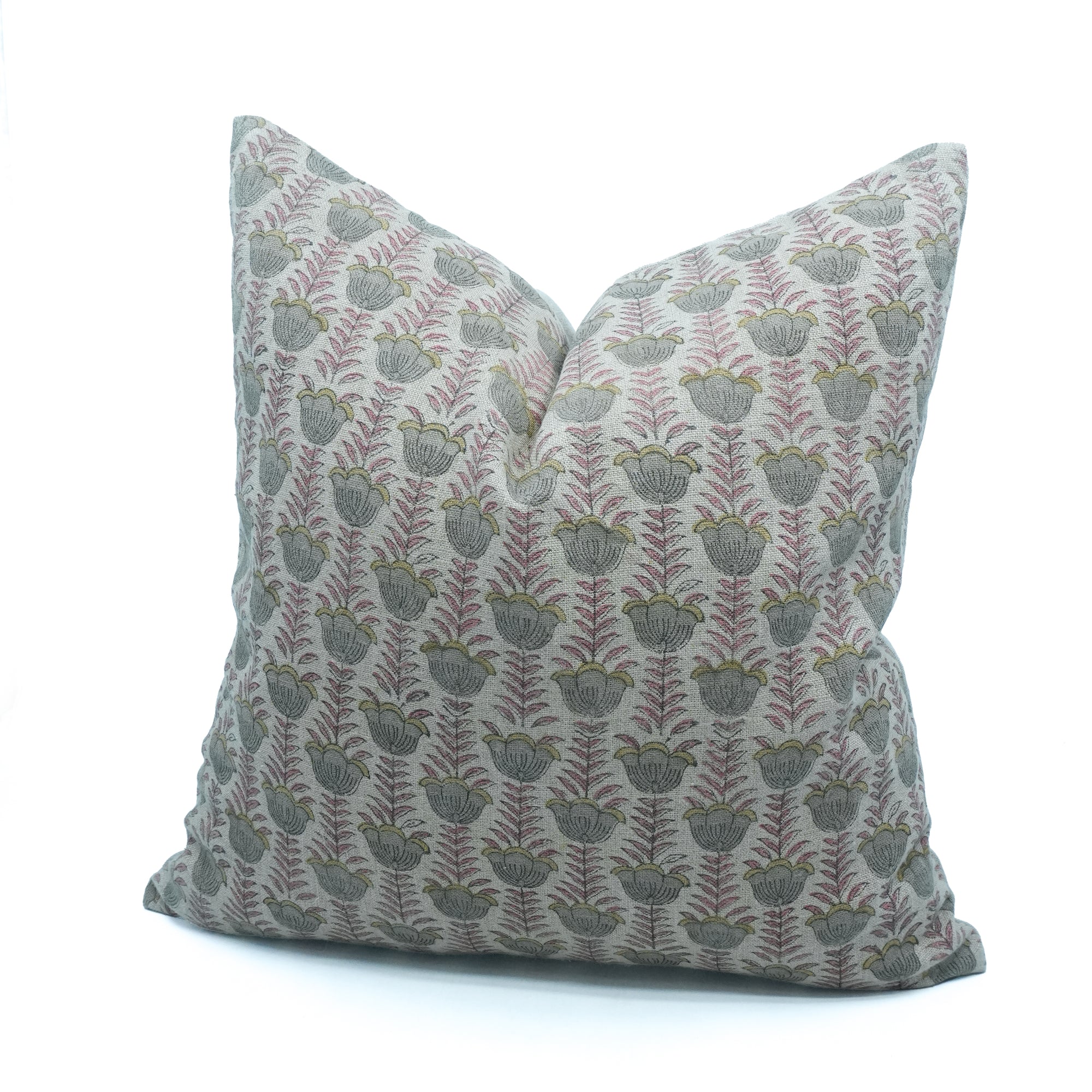 Lotus Handcrafted Thick Linen Cushion Cover Pink and Gray Floral