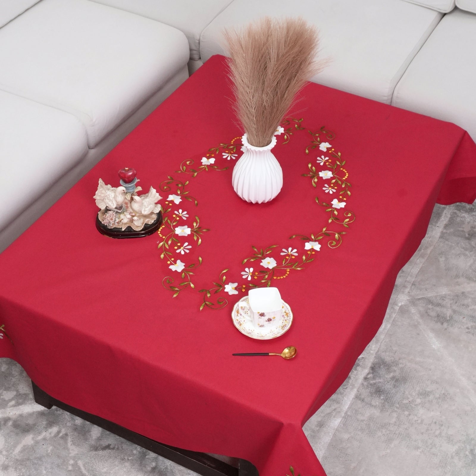 Red Green Floral Embroidered Cotton Table Cover | Dining Decor