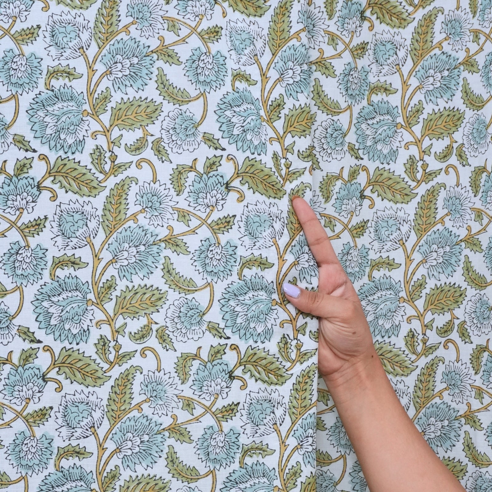 Hand Printed Blue Floral Pure Cotton Boho Curtain - Mandakani