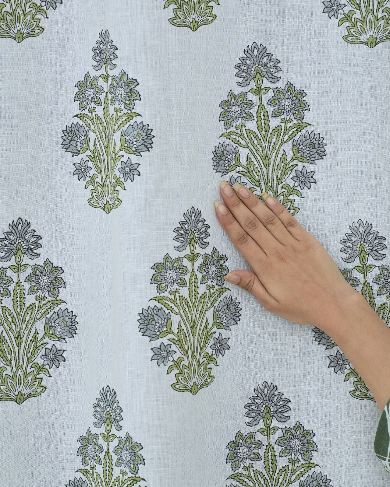Indian Block Print Ring Curtain in Green & Grey Floral - Morpankh