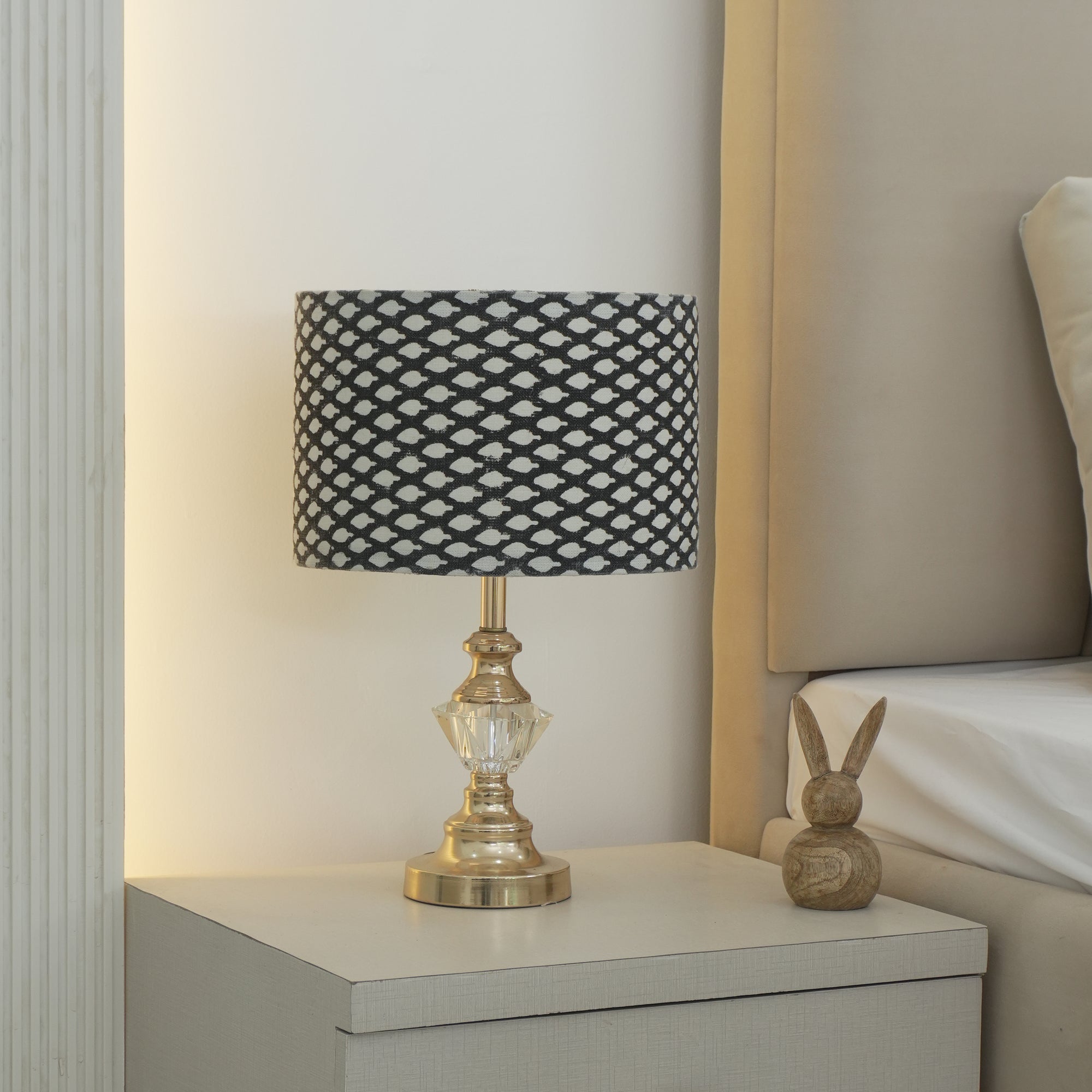 Indian Off-White Linen Black Dot Drum Lampshade - Khushbu