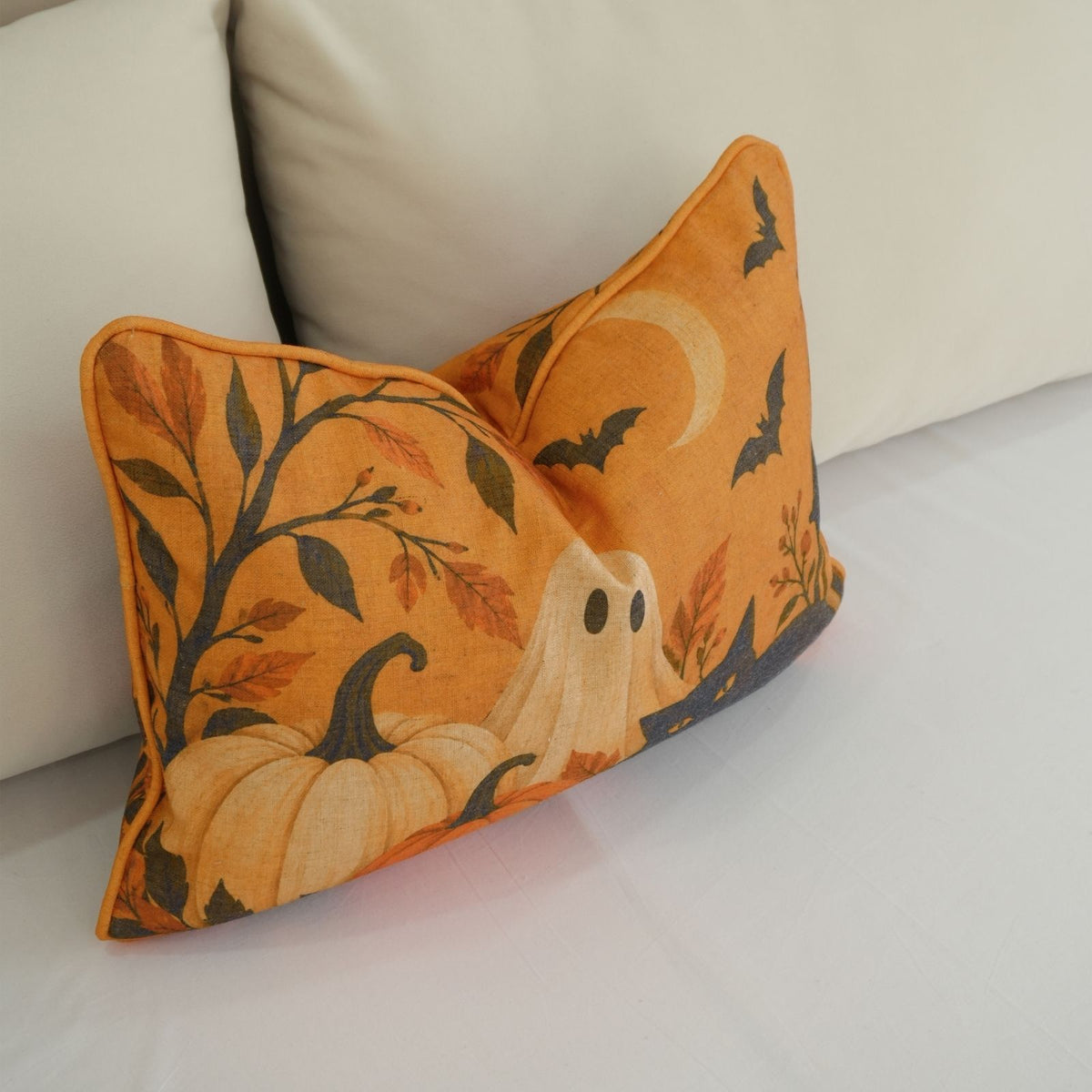 Haunted Cat Printed Orange Linen Piping Lumbar Pillow Cover