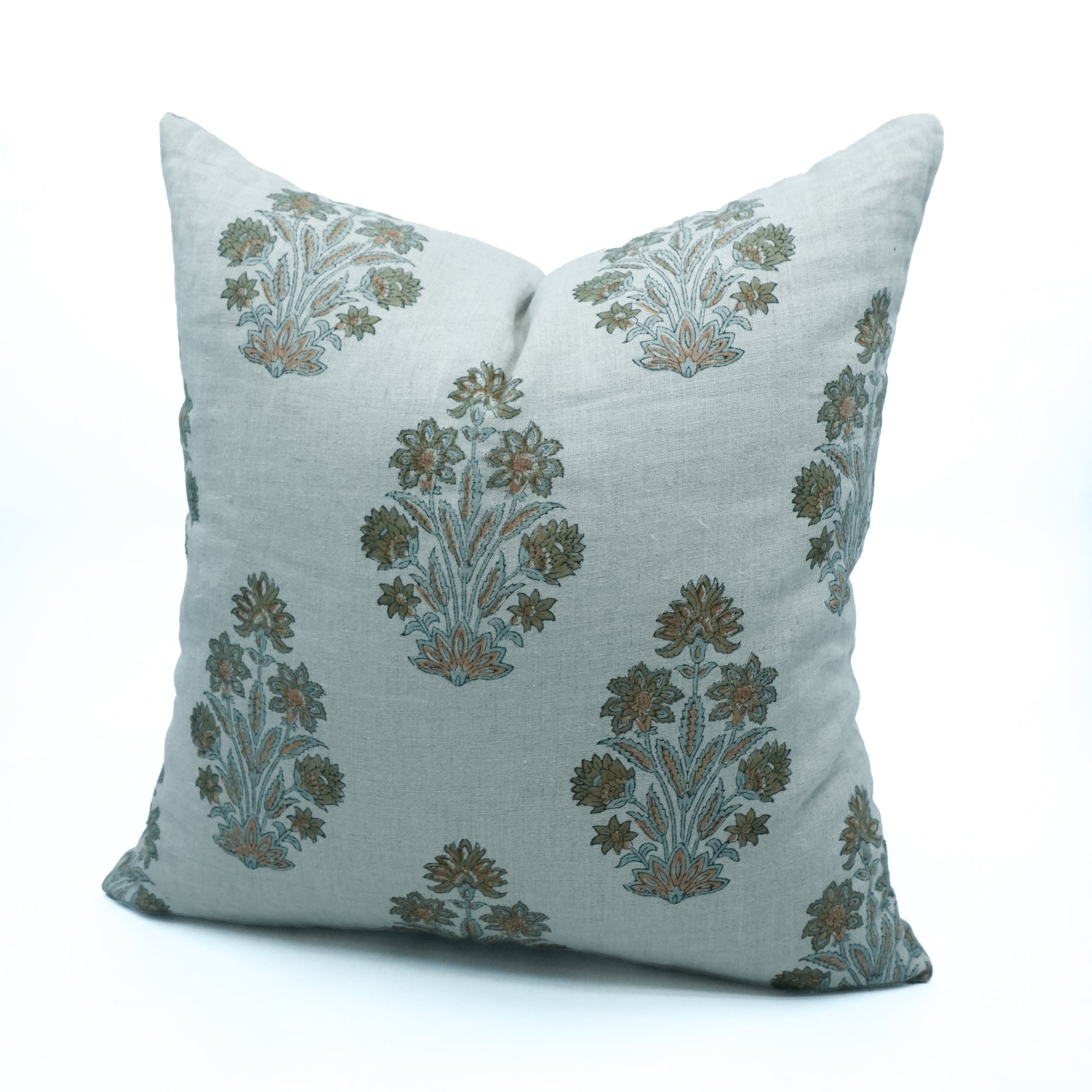 Morpankh Block Print Pure Linen Cushion Cover Green Floral 
