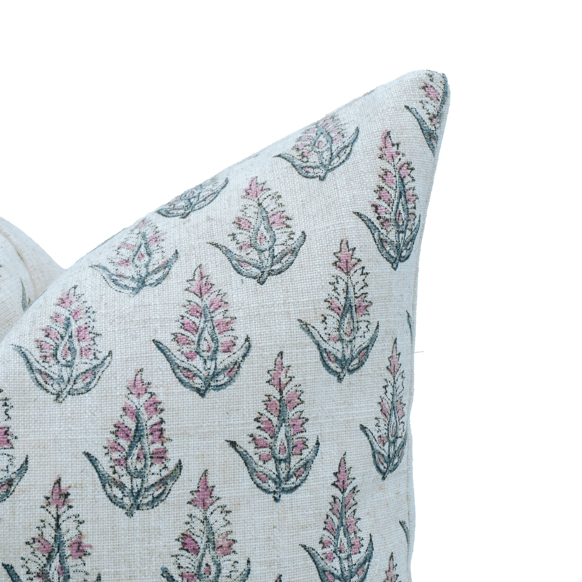 Hand Print Viscose Linen Pink Floral Cushion - Kanak Buti
