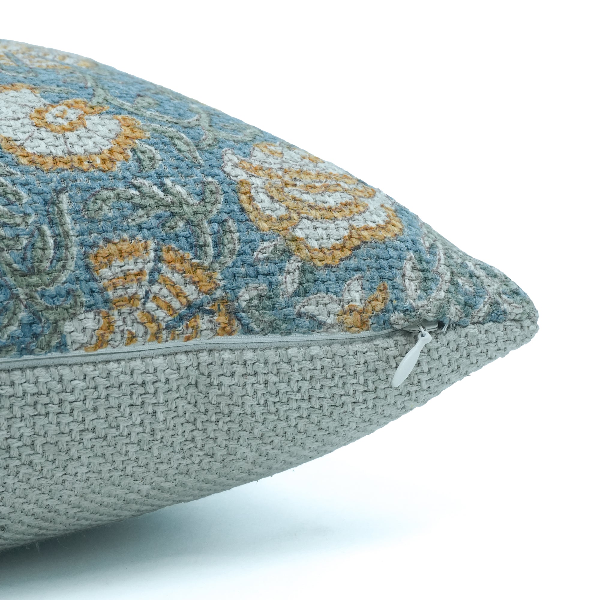 Vasundhra Hand Block Print Jute Linen Cushion Cover Blue Floral