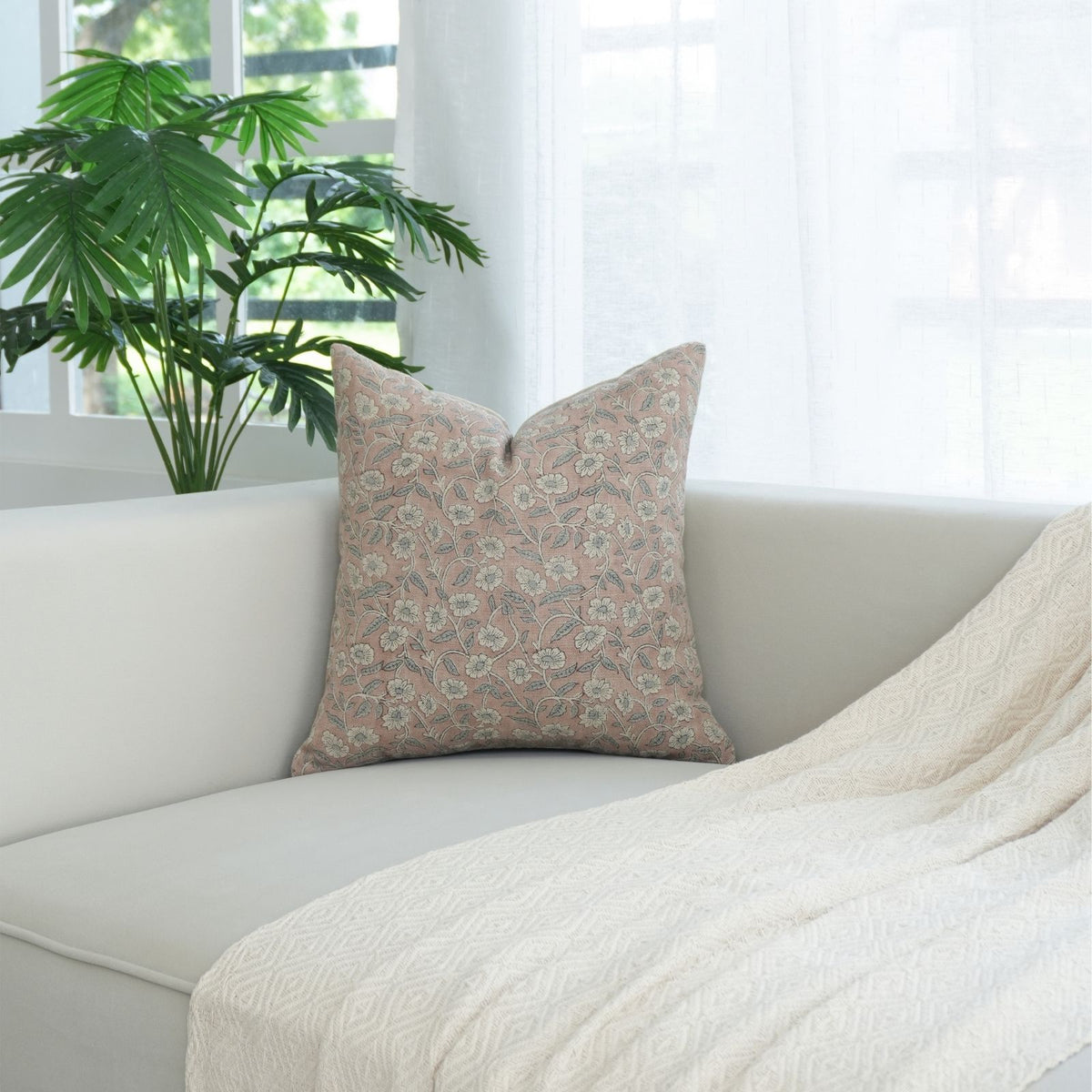 Haridwar Dusty Rose Block Print Thick Linen Cushion Cover