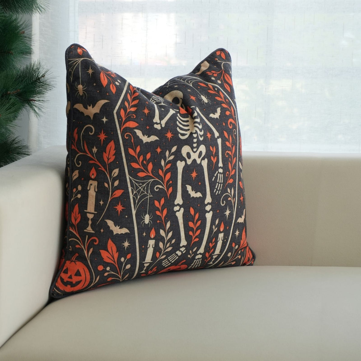 Skeleton Halloween Charcoal Viscose Linen Piping Boho Cushion Cover ...